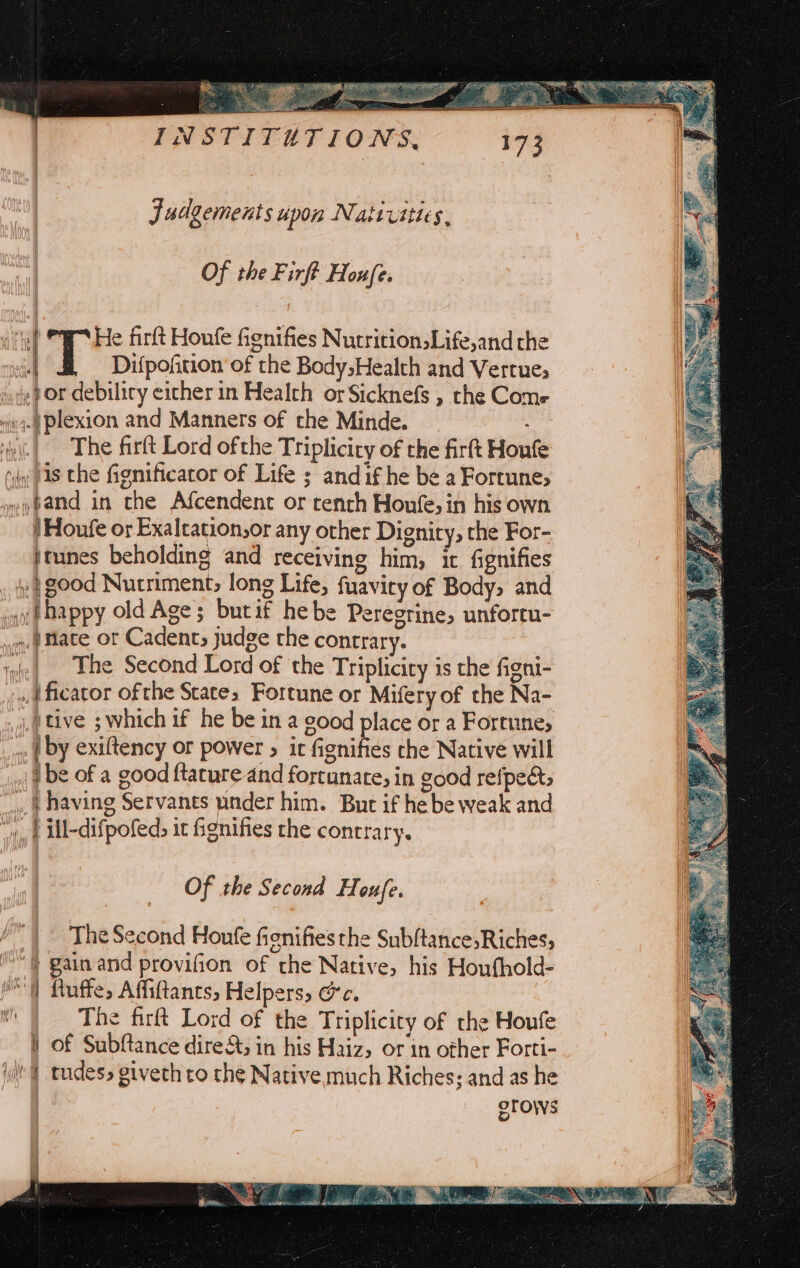 Judgements upon Natt uittes, Of the Firft Houfe. acl He firft Honfe fignifies Nurrition,Life,and the | | Difpofition of the Body,Health and Verrues “de? Or debiliry eicher in Health or Sicknefs , the Come ,ie4-4 plexion and Manners of the Minde. wipe it) The firtt Lord ofthe Triplicicy of the firft Houfe “i 4s the fignificator of Life andif he be a Fortune; owy and in the Afcendent or tenth Houfe, in his own | Houfe or Exalcation,or any other Digniry, the For- itunes beholding and receiving him, ic fignifies wi good Nutriment; long Life, fuavicy of Body, and wt happy old Age; bucif hebe Peregrine, unfortu- ».@ Mate or Cadent; judge the contrary. ‘gle| _ Lhe Second Lord of the Triplicity is the figni- -,ificator of the State, Fortune or Mifery of the Na- 4. tive ; which if he be in a good place or a Fortune, une § by exiftency or power 5 it fignifies che Native will '»|@ be of a good {tature and fortunate, in good refpects .4 having Servants under him. But if he be weak and “iy Ull-difpofed, it fignifies the contrary. al a iis Of the Second H. oufe. /”\ ~ The Second Houfe fignifies the Subltance,Riches, } gain and provifion of che Native, his Houfhold- Oo) Ruffe, Afittancs, Helpers, @c. th The firft Lord of the Triplicicy of the Houfe i of Subftance dire&amp;s in his Haiz, or in other Forti- \y@ tudes, giveth to the Native much Riches; and as he | orows