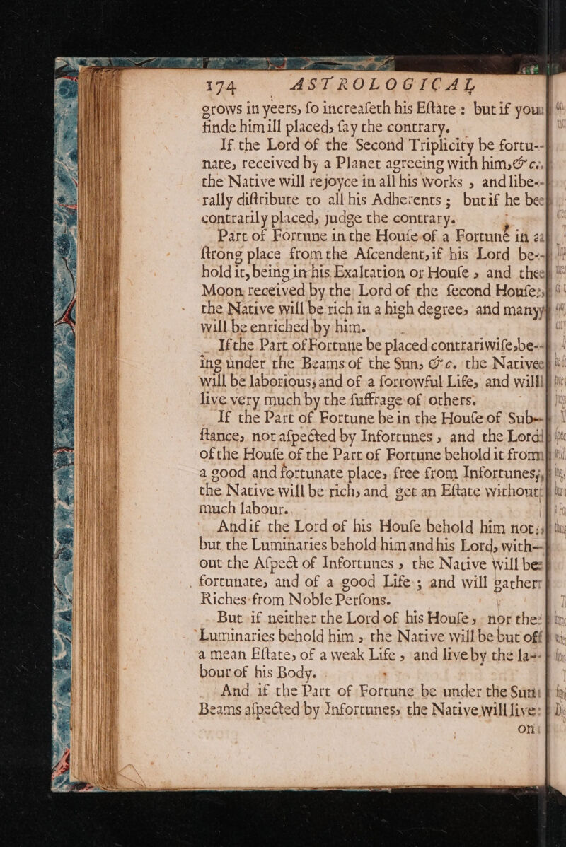 174 ASTROLOGICAL crows in yeers, fo increafeth his Eftate : bur if yousp “ finde himull placed, fay the contrary. | If the Lord of the Second Triplicity be fortu--f nate; received by a Planet agreeing with hims@’c..f the Native will rejoyce in all his works , and libe--f rally diftribute to all his Adhevents ; bucif he beef contrarily placed, judge the contrary. ‘ Part of Fortune inthe Houfe of a Fortune in aap {trong place fromthe Afcendent,if his Lord be--f // hold it, being inchis Exalcation or Houfe » and theef Moon received by the: Lord of the fecond Houfe:,f *' the Native will be rich in a high degrees and manyyp will beenriched by him. Ifthe Part of Fortune be placed contrariwifesbe--f ing under the Beams of the Sun, @c. the Nativeeh ! wul be Jaborious; and of a forrowful Life, and willlf tt live very much by the fuffrage'of others. | If the Part of Fortune be in the Houfe of Sub- {tances norafpected by Inforrunes » and the Lordip i ofthe Houtfe of the Part of Fortune behold it from til a good and fortunate places free from Infortunes,,f Wy the Native will be rich and get an Eftace withouctp itn much labour. it Andif the Lord of his Honfe behold him noe:s} tw but, che Luminaries behold him and his Lord, with— out the Afpect of Infortunes » che Native will bes} fortunate, and of a good Life; and will gacher Riches:from Noble Perfons. | Bur if neither the Lord. of his Houfes nor thes fim Luminaries behold him » the Native will be but off a mean Eftate, of a weak Life , and liveby the la-- f ii bour of his Body. And if the Part of Fortune be under the Suri P iy Beams afpected by Inforruness the Native will live: } onl