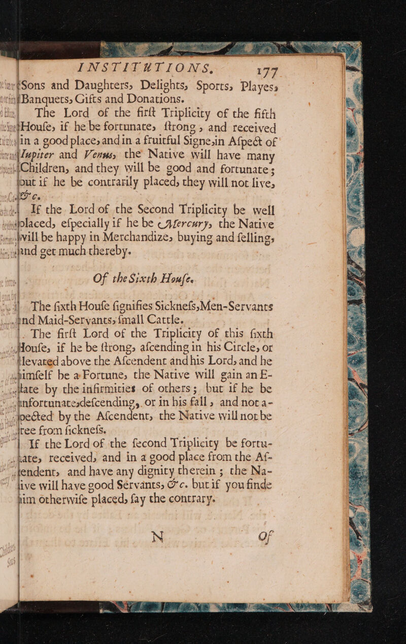 Eo INSTITHTIONS, 177 ‘av@Sons and Daughters, Delights, Sports, Playess litt Banquets, Gifts and Donations. itl) The Lord of the firft Triplicicy of the fifth inetHoufe, if he be fortunate, ftrong, and received ‘itn a. good places and ina fruitful Signe,in Afpect of lwen({Zupiter and Venus, the Native will have many wiChildren, and they will be good and fortunate; jout if he be contrarily placed; they will nor live, “WAT” Ce sty : If the Lord of the Second Triplicity be well fevied olaced, efpecially if he be CALercurys the Native tinge VAL be happy in Merchandize, buying and fellings ijnd get much thereby. ) VHD 0 i Ully Wi cy et Se eed ! Of the Sixth Houfe. | The fixth Houfe fignifies Sicknefs,Men-Servants pnd Maid-Servyants&gt; {mall Cattle. ti j The firft Lord of the Triplicicy of this fixth Houfe, if he be ftrong, afcending in his Circle; or tlevared above the Afcendent and his Lord, and he 4uimfelf be aFortunes the Native will gain an E- 4 Plate by the infirmities of others; bur if he be “ 4inforeunatesdefcending,. or in his fall, and not a- *\ ected by the Afcendent, the Native will not be “Itee from ficknefs. 4h | If the Lord of the fecond Triplicicy be fortu- ., hates received, and in a good place from the Af- jtendent, and have any digniry therein ; the Na- live will have good Servants, Gc. burif you finde him otherwife placed, fay the contrary. m yo * fy te AVE | vont |(Oa A 4