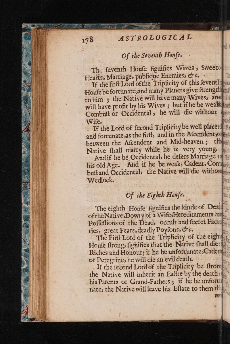 may Ag ASTROLOGICAL Of the Seventh Houfe. Th: feventh Houfe fignifies Wives 5 Sweet:4 Heats, Marriage, publique Enemies, ec. If ché firft Lord ofthe Triplicity of chis fevenelhipins Houfe be fortunate,and many Planets give ftrengtlitiy,? tohim ; the Native will have many Wives, ang j; will have profit by his Wives ; but 1f he be weakkgyi: Combut or Occidental, he will die without gq Wile. hh If the Lord of fecond Triplicity be well placeed i and forrunate.as the firft, andin the Afcendentcopin between the Afcendent and Mid-heaven ;_ thhy, Native fhall matry while he is very young.. jy Andif he be Occidental, he defers Marriage 1 his old Age. And if he be weak; Cadent, Commi, buftand Occidental, the Native willdie withorita/., Wedlock. , AY, Of the Eighth Houfe. i fe The eighth Houfe fignifies the kinde of Deaiy i of theNative,Dowly of 2 WifesHereditaments axth,,. Poffeflions of the Deads occult and fecret Facw iH) M \ The Fir Lord of the Triplicity of che eight.) Houfe ftrongs fignifiés that the Native fhall die: }) AL nate, the Native will leave his Eftate to them thi, wit