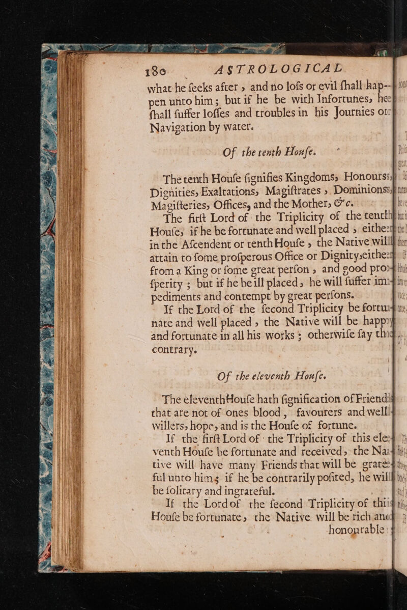 —— vai a ) room 180 ; ASTROLOGICAL what he feeks after » and no lofs or evil fhall hap-- pen unto him ; but if he be with Infortunes, hee (hall fuffer loffes and troubles in his Journies on} Navigation by water. Of the tenth Houfe. The tenth Houfe fignifies Kingdoms, Honourss} 4 Dignities, Exaltations, Magiftraces ». Dominionss, am Magifteries, Offices, and the Mother, @c. h The firft Lord of the Triplicity of che cenchhp ti: Houfe; if he be fortunate and well placed 5 eithezip ti inthe Afcendent or tenthHonfe , the Native willl} tie attain to fome profperous Office or Dignityseithe:y froma King or fome great perfon » and good prongi {perity ; but if he beill placed, he will fuffer m4! pediments and contempt by great perfons. Of the eleventh Houfe. The elevenchHoufe hath fignification of Friendif that are not of ones blood, favourers and welll} willers, hope, and is the Houfe of fortune. If the firft Lord of he Tripliciry of this eles} } venth Houfe be fortunate and received» the Naa hi tive will have many Friends that will be grares thy ful unto hims if he be contrarily pofited, he willl iy be folicary and ingrareful. t If the Lordof the fecond Triplicity of thiig ii. Houfe be fortunate, the Native. will be rich aneq hononrable: 4