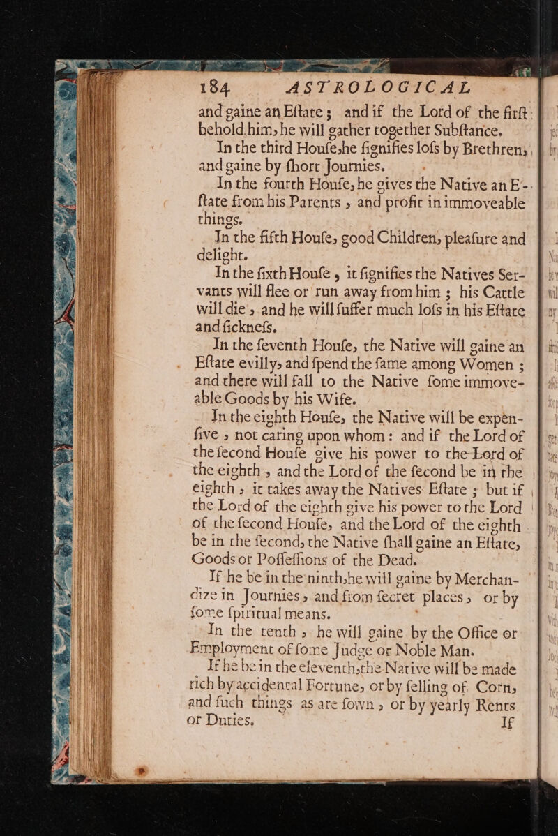 3 tye 184 ASTROLOGICAL | and gaine an Eftare; andif the Lord of the firft: behold him; he will gather together Subftance, In the third Houfeshe fignifies lofs by Brethren, and gaine by fhort Journies. In the fourth Honfe; he gives the Native an E- ftare from his Parents 5 and profit inimmoveable things. In the fifth Houfe, good Children, pleafure and delight. Inthe fixth Houfe , it fignifies the Natives Ser- vants will flee or run away from him ; his Cattle will die’» and he will fuffer much lofs in his Eftare and ficknefs. In the feventh Honfe, the Native will gaine an Eftate evillys and fpend the fame among Women ; and there will fall to the Native fome immove- able Goods by his Wife. In the eighth Houfe, the Native will be expén- five not caring upon whom: and if the Lord of the fecond Houle give his power to the Lard of the eighth , andthe Lord of the fecond be in the eighth 5 it takes away the Natives Eftare ; but if the Lord of the eighth give his power tothe Lord of the fecond Honfe, and the Lord of the eighth be in the fecond, the Narive fhall gaine an Eftate, Goods or Poffeffions of the Dead. If he be in the ninthshe will gaine by Merchan- cizein Journies » and from fecret places, or by fone {piritual means. In the tenth » he will gaine by the Office or Employment of fome Judge or Noble Man. If he be in the eleventh,the Native will be made rich by accidencal Foreune, or by felling of. Corns and fuch things as are fown , or by yearly Rents