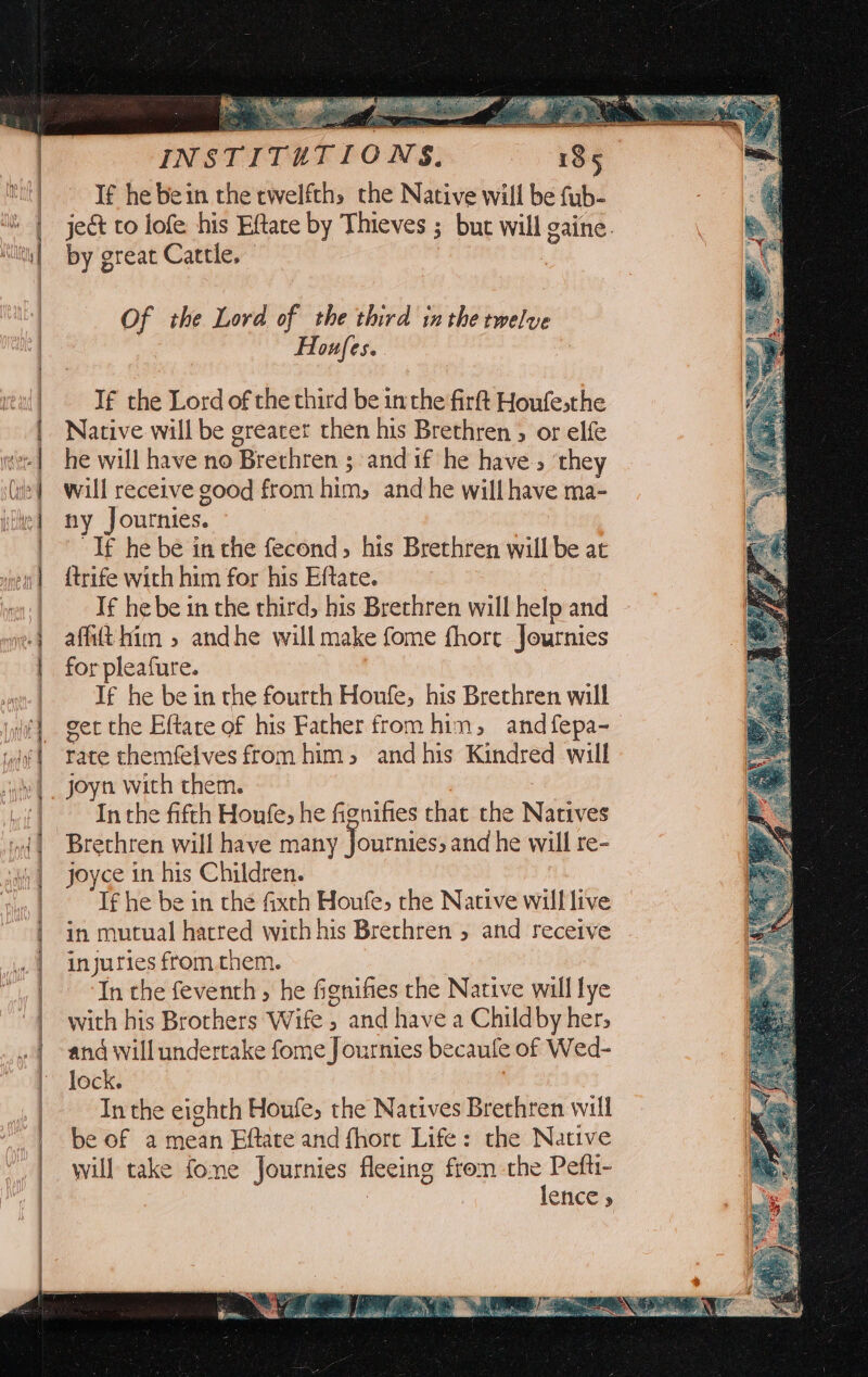 cama = = = = =a i &gt; — = = = = = P = a &lt;&gt; = = &lt; &gt; ke a = = = co a 7 =3 &gt; = oe INSTITUTIONS. 185 If he bein the twelfths the Native will be fub- ject to lofe his Eftare by Thieves ; 3 but will gaine. by great Cattle. | Of the Lord if the third inthe twelve Houfes. If the Lord of the third be inthe fir Houfesthe Native will be greacer then his Brethren 5 or elfe he will have no “Brethren s andif he have, ‘they will receive good from him. and he will have ma- ny Joutnies. : If he be in the fecond, his Brethren will be at {trife with him for his Eftate. 7 If he be in the third, his Brethren will help and affit him » andhe will make fome fhort Journies for pleafure. If he be in the fourth Houle, his Brethren will eet the Eftare of his Father fromhin, andfepa- rate themfelves from him, and his Kindred will - In the fifth Houfe, he fignifies that the Nétives Brethren will have many journies, and he will re- joyce in his Children. If he be in the fxth Houfe, the Native will live in mutual hatred with his Brethren 5 and receive injuries from them. ‘In the feventh , he fignifies the Native will lye with his Brothers Wife , and have a Childby her, and will undertake fome Journies becaule of Wed- lock. In the eighth Houfe, the Natives Brethren will be of a mean Eftate and fhore Life: the Native will take fone Journies fleeing from the Pefti- lence &gt;