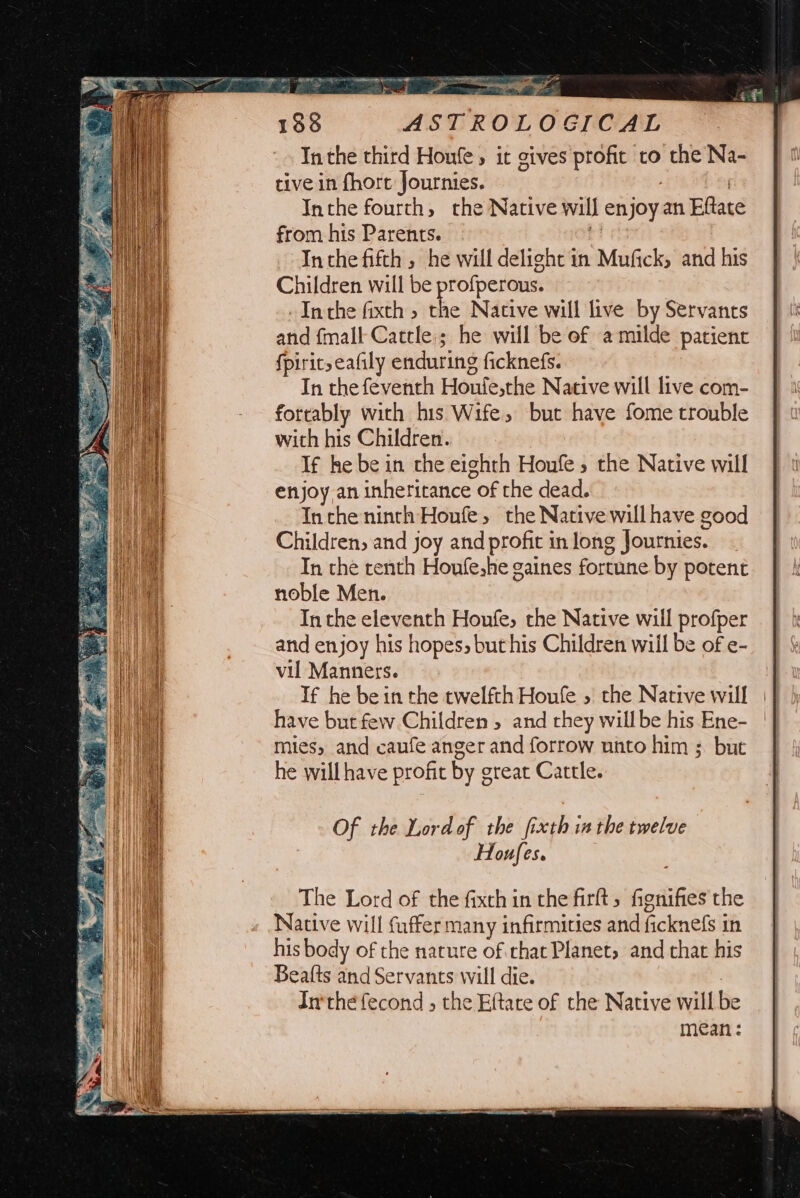 = eae 188 ASTROLOGICAL Inthe third Houle, it gives profic to the Na- tive in fhore Journies. Inthe fourth, the Native will en joy an Fflate from his Parents. Inche fifth , he will delight in Mufick, and his Children will be profperous. - Inthe fixth > the Native will live by Servants and {mall Cattle; he will be of amulde patient {pirit, eafily enduring ficknefs. In the feventh Honfesthe Native will live com- forcably with his Wife, but have fome trouble with his Children. If he be in the eighth Houfe, the Native will enjoy an inheritance of the dead. Inthe ninth Houfe, the Native will have good Children, and joy and profit in long g Journies. In the renth Houfe,he gaines fortune by potent noble Men. In the eleventh Houfe, the Native will profper and enjoy his hopes, buthis Children will be of e- vil Manners. If he bein the twelfth Houfe » the Native will have but few Children , and they willbe his Ene- mies, and caufe anger and forrow unto him ; but he will have profit by great Cattle. The Lord of the fixthin the firft, fignifies the Native will fuffer many infirmities and Golnetsk in his body of the nature of rhat Planet, and that his Beafts and Servants will die. dnthe fecond , the Eftare of the Native will be mean: