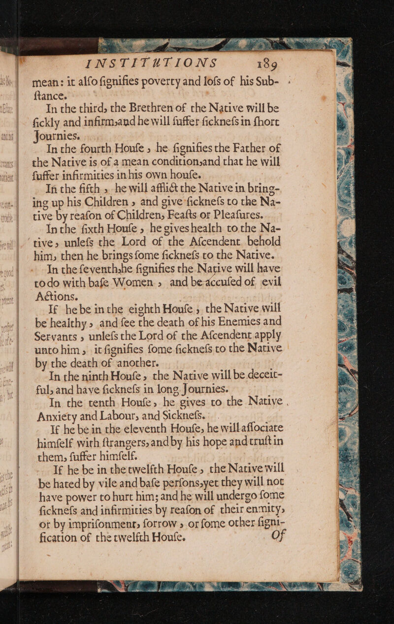= <> = — : > 7 — <e =e SS SS ae ie ee mean: it alfo fignifies povercy and lofs of his Sub- {tance. | Pe In the third, the Brethren of the Native will be -Gckly and infirm,and he will fuffer ficknefsin fhore Journies. .... wey ees In the fourth Honfe » he. fignifies the Father of the Native is of a mean condition,and that he will fuffer infirmitiesinhis ownhoufe. : ? In the fifth ». he will afflict che Native in bring-. ing up his Children » and give ‘ficknefs to the Na- tive by reafon of Children; Feafts or Pleafures. . Inthe fixth Houfe , he giveshealth to.the Na- ‘tive, unlefs the Lord of the Afcendent. behold him, then he brings fome ficknefs to the Native. In the feventhahe fignifies the. Native will have rodo with bafe Women.» and be-aceufed of evil Aétions. : : venndiil If hebe inthe eighth Honfe , che Native will be healthy» and fee the death of his Enemies and Servants 5 unlefs the Lord of the Afcendent apply untohim, itfignifies fome ficknefs to the Native by the death of another. | , : In the ninth Honfe, the Native will be deceit- ful; and have ficknefs in long Journies. In che tenth. Houfe, he gives ro the Native . Anxiety and Labour, and Sicknefs. | I¢ he be in the eleventh Houfe, he willaflociate himfelf with ftrangers, and by his hope andtruftin them, fuffer himfelf. hall. If he be in the twelfth Houfe, the Native will be hated by vile and bafe perfons.yer they will not have power to hurt him; and he will undergo fome ficknefs and infirmities by reafon of their enmity, ot by imprifonment, forrow » or fome other figni- fication of the rwelfth Houfe. Vs , a