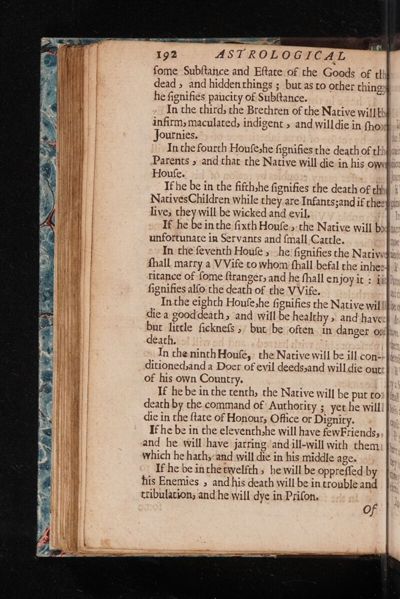 ee res rer i = a fi. ZF ig2. - ASTROLOGIOAL fome Subftance and Eftare of the Goods of tlh dead, and hiddenthings ; but as to other thinoog he fignifies paucity of Subftance. ‘| In the third, the Brethren of the Native will Kot infirm, maculated, indigent » and willdie in thom} | Journies. In the fourth Houfeshe fignifies the death of tkhhia Parents » and that the Native will die in his oyyypil Houfe. | : I If he be in the fifthshe fignifies the death of thi} | NativesChildren while they are Infants:and if thee on live, they will be wicked and evil, | If he be inthe fixth Houfe., the Native will boduy unfortunate in Servants and {mall Cattle. i In the feventh Houfe 5 he’ fignifies the Natives! {hall marry a VVife co whom’ fhall befal rhe inhes4 | titance of fome ftrangery and he fhall enjoy ir : ii si fignifies alfo the death of the VVife. a In.he eighth Houfehe fignifies the Native wil {ity bur lictle ficknefs but be often in danger opfhi death. | if In the-ninth Houfe, the Native will be ill con= hi» ditionedsand a Doer of evil deeds,and will. die out: of his own Country. i If he be inthe tenth, the Native will be put CO% ply) die in the ftate of Honours Office or Digniry. If he be in the elevench,he will have fewFriends, and he will have jarring.and ill-will wich them which he hach;:and will die in his middle age. If he be inthe twelfth» he will be oppreffed by his Enemies , and his death will be introuble and tribulation, and he will dye in Prifon.