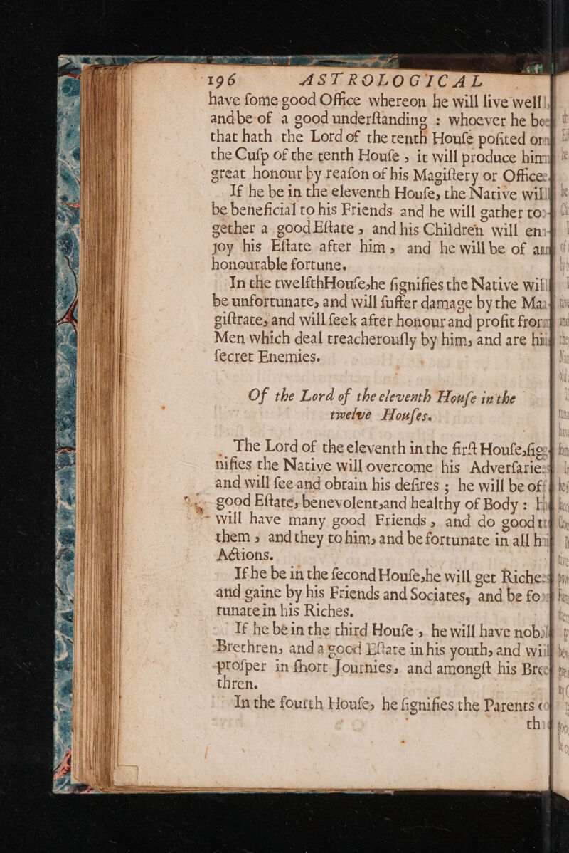 have fome good Office whereon he will live well andbe-of a good underftanding : whoever he beep ' that hath the Lordof the renth Houfe pofited or} © the Cufp of the renth Houfe , ic will produce hinuh ° great honour by reafon of his Magiftery or Offices} If he be in the eleventh Houfe, the Native willl * be beneficial ro his Friends. and he will gather too} “ eether a good Eftate » and his Children will en:} joy his Eftate after him, and he willbe of a honourable fortune. In the twelfthHoufeshe fignifies the Native willf | be unfortunate, and will fuffer damage by the Maaf ti giftrate, and willfeek after honourand profit frornp Men which deal treacheroufly by him, and are hiig i fecret Enemies. c= Of the Lord of the eleventh Houfe inthe twelve Houfes. The Lord of the eleventh inthe firt Houfesfie nifies the Native will overcome his Adverfaries and will fee and obrain his defires ; he will be off} k: good Eftate, benevolent,and healthy of Body : Eng hi will have many good Friends, and do good tr ti them » and they to him; and be forrunate in all hij A@ions. ft Ifhe be in the fecond Houfe,he will get Riches$ i and gaine by his Friends and Sociates, and be fo tunarein his Riches. Tf he be in the third Houfe ». he will have nobiif Brethren, anda good Hftare in his youth, and wiilf tp profper in fhore Journies, and amongft his Breef t thren. | Inthe fourth Houfe, he fignifies the eS t