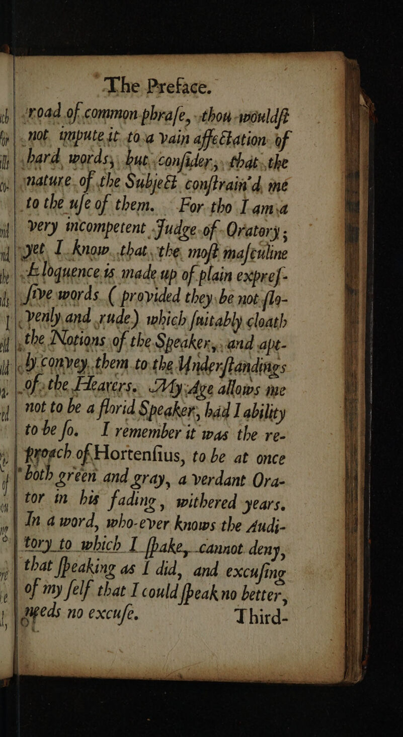 | road of. common-phrafe, thou wouldft not impute it toa vain affectation: of | bard. words, but ‘confider, fhdt»,the nature. of the Subject conftrain’d, me to the ufe of them. For tho Lamia ery mcompetent Judge.of Oratory ; Det L Angi. that. the. moft mafeuline A loquence.ts nade up of plain expref- Jive words. ( provided they be not {lo- |, venlyand rude.) which {uitably cloath j |, tbe Notions of the Speaker, and apt- |, b.convey,.them.to.the Y nderflandings | of the Flearers.. My Ave allows ame not to be florid Speaker: had I ability tobe fo. I remember it was the re- \ | Pyoach of Hortenfius, tobe at once * both green and gray, a verdant Ora- ,| tor m bes fading, withered years. | In 4 word, who-ever knows the Audj- *| tory to which I _[pake, Cannot deny, } | that fbeaking as I did, and excufing 1 | of my felf that I could fpeak no better, 1 | gigeds no excufe. Third- i