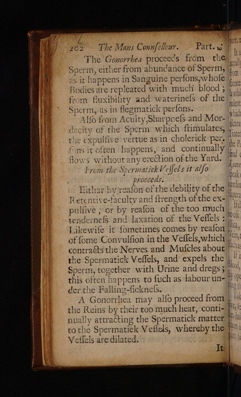 The Gozorrkea proceec's from the Soerm, either from abundance of Sperm, as i pens in Sanguine perfons,whofe senor re repleated with much blood ; n fluxibility and waterinels of the Sperm, as in fegmatick perfons. ATi o trom Ac uity, Shar pnels and Mor- ty of the Sperm which ftinvulates, hows an Wh any erection ofthe Yard. Fre PFE ihe sperm Al a of the de! pility of the d ftrength of the ex- Pa F? er eat 17 fLETENLIVE-TACuULeLy aN me a vendern ef and laxation of the Veflels : Likewife it fometimes comes by reafon he Spermatick Veffels, and expels the this often ‘happ ens to fuch as tabour un- der the Pailu a o-ficknels. A Gonorr Welfels are dilated. tt,2 , ita pera fron. pence wi inulent which iloera inter