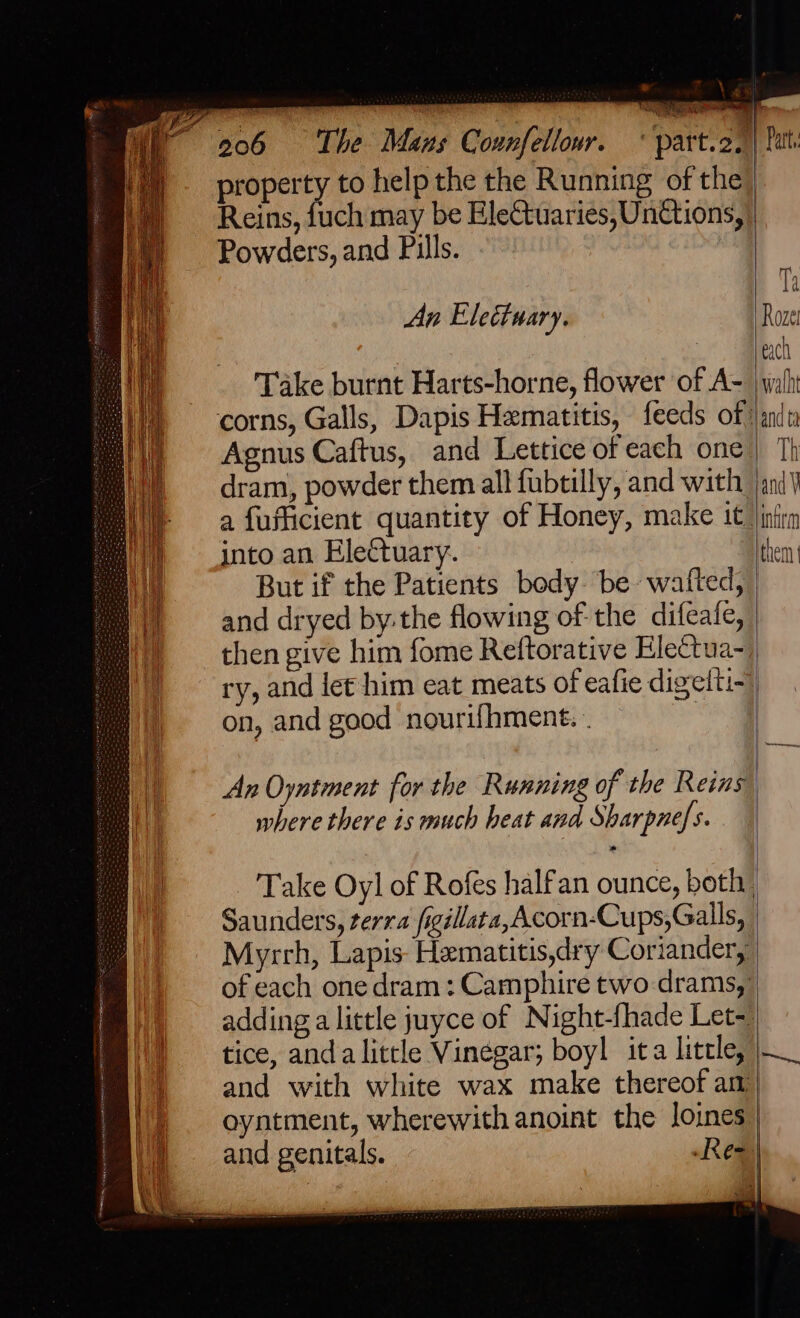 &amp; has a ae aa Powders, and Pills. An Elettuary. Take burnt Harts-horne, flower of A- Agnus Caftus, and Lettice of each one into an Electuary. and dryed by. the flowing of the difeale, ry, and let him eat meats of eafie digetti- on, and good nouri{hment. . An Oyntment for the Running of the Reins where there is much heat and Sharpnefs. Saunders, terra figillata, Acorn-Cups,Galils, tice, anda little Vinegar; boyl ita little, oyntment, wherewith anoint the loines and genitals. I i H | | | Ta Roze each anid th Th and V intr them +