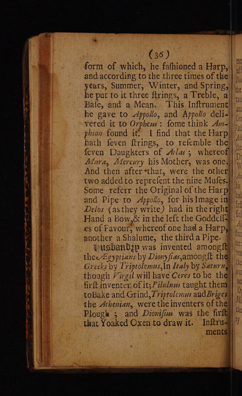 Ss TA ES SV ae RUN and according to the three times of the | years, Summer, Winter, and Spring, he put to it three {trings, a Treble, aj hath feven ftrings, to refemble the) feven Daughters of Arias, whereof} Mar a, Mercury his Mother, was one.) And then after*that, were the other] two addedto reprefen t the nine Mufes.]| Some referr the Original of the Harp] and Pipe to Appolo, for his Image in} Delos (asthey write) had in the right} another a Shalume, the third a Pipe. 3 busdandep was invented among {ty thee Zigyptians by Diony fias,among{t the) though Virgil will have Ceres to be they firft inventer of it; Pili/nus taught them) toBake and Grind, Triptolemus aud Briges) the Athenian, were the inventers of the] | Plouga ; and Diorifi was the fir tty that Yoaked Oxento draw it. Inftruqj mental