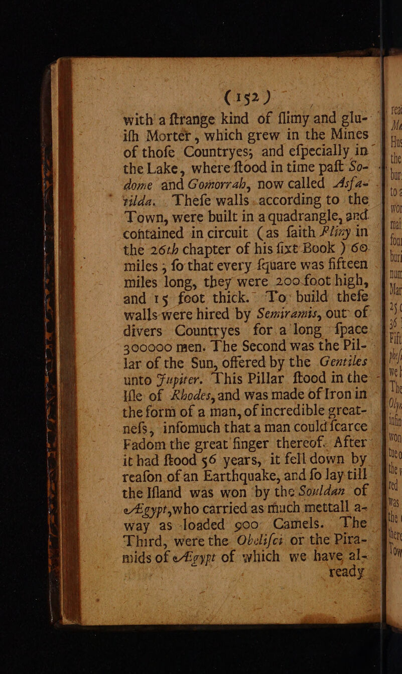 ifh Morter , which grew in the Mines dome and Gomorrah, now called Asfa- cohtained in circuit (as faith Flicy in the 26:5 chapter of his fixe Book ) 60: miles ; fo that every fquare was fifteen miles long, they were 200 foot high, and 15 feot thick. To: build thefe walls were hired by Semiramis, out of divers Countryes fora long {pace lar of the Sun, offered by the Gentiles unto Fupiter. This Pillar ftood in the Ile of Rhodes, and was made of Iron in the form of a man, of incredible great- nefs, infomuch that a man could fcarce reafon of an Earthquake, ard fo lay till e/ Egypt who carried as ruch mettall a- way as loaded goo Camels. The mids of e4igypt of which we have al-