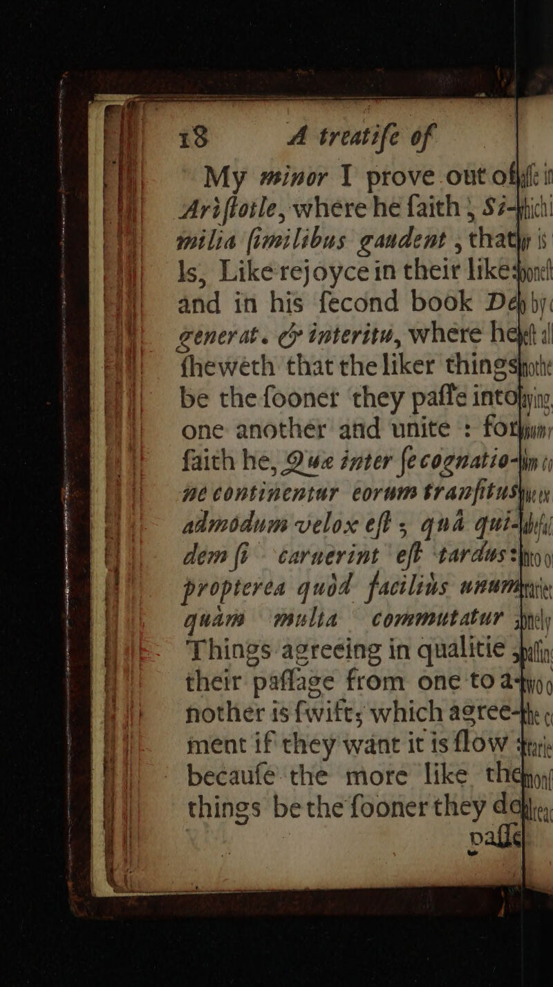 My minor 1 prove out offi Ariftotle, where he faith | S#-ppich milia fimilibus gaudent , that is Is, Like rejoyce in their likespon and in his fecond book De generat. cy interitw, where hey fheweth that the liker thing shoe be the fooner ‘they paffe intohyin one another and unite : forhjun nother is fwitt; which agree ment if they want it is flow : becaufe the more like they,