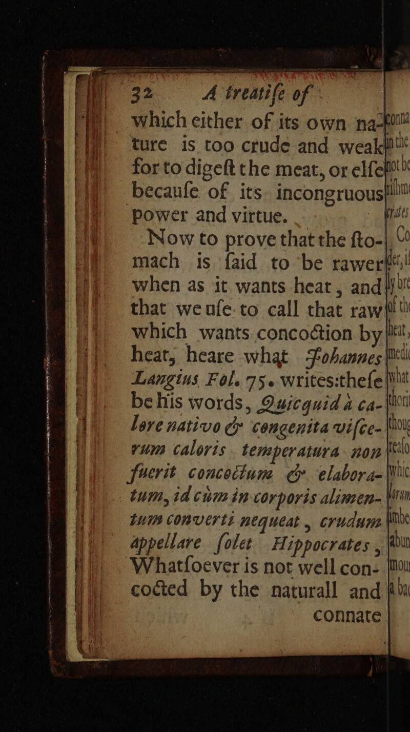 which either of its own na-t yi ture is too crude and weak (1) for to digeft the meat, or elfef | becaufe of its. incongruous}! Power and virtue. prt Now to prove that the fto-|, \’ mach is {aid to ‘be rawerf*s! when as it. wants heat, and} that weufe-to call that raw which wants concoction byt! heat, heare what fohannes Iii Langius Fol. 75. writes:thefe Mi behis words, Quicquid a ca- {ivi a love nativo ¢&amp; congentta vifce- ii ; ay if yum Caloris temperatura non ia y fuerit concectune &amp;. elaboraq Wk a _tum,id cumin corporis alimsen- (sii tum converti nequeat , crudsuns (Me Hi appellare folet Hippocrates , abun }EE) | Whatfoever is not well con- [Mu | coéted by the naturall and yi ' connate