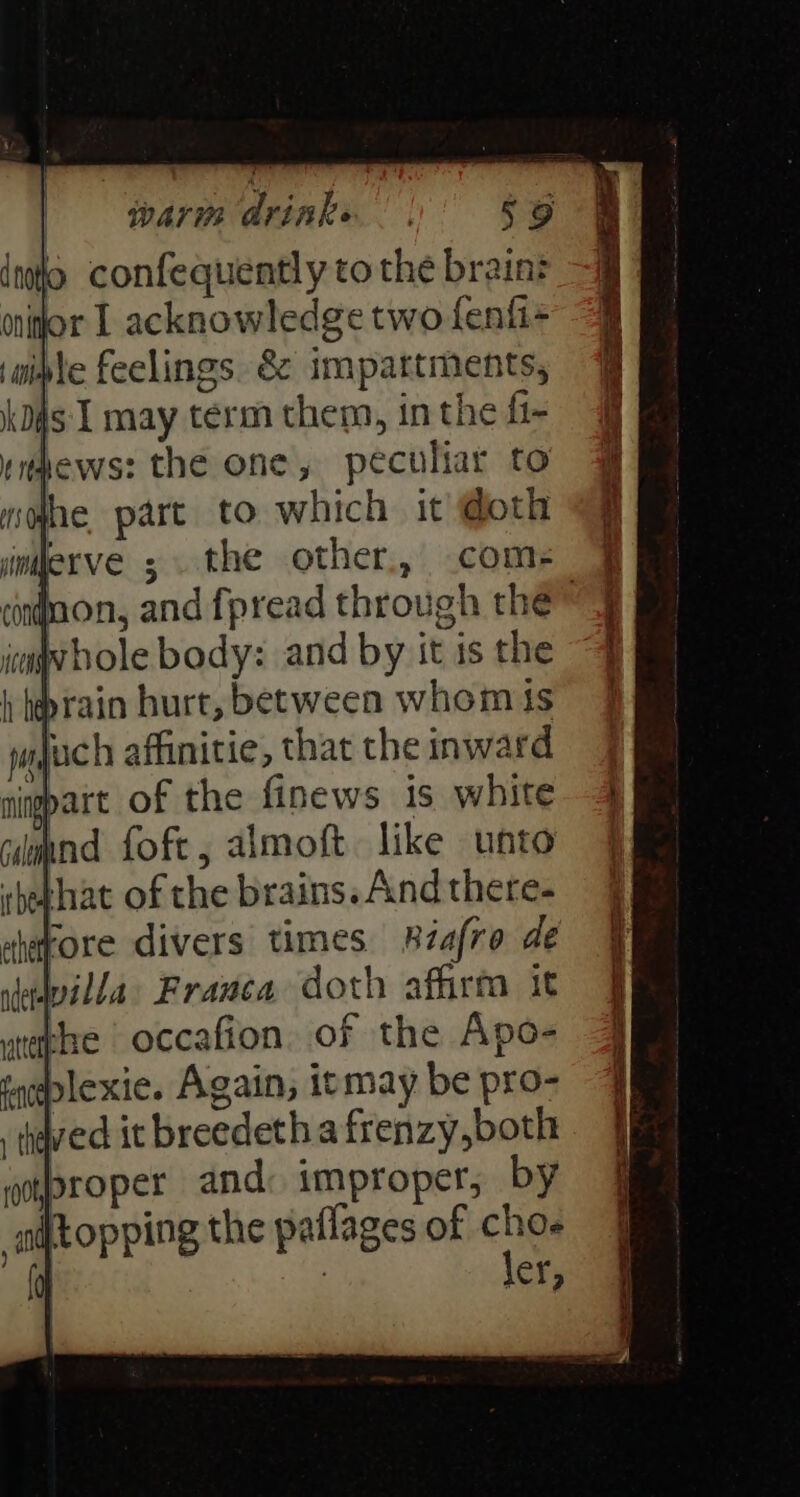 9 confequently to the brain: olor | acknowledge two fenfi iple feelings. &amp; impartments, js I may term them, inthe fi- ews: the one, peculiar to sqhe part to which it @doth jimjerve ; . the other, come cinaon, and fpread through the” whole body: and by it is the rain hurt, between whom ts luch affinitie, that the inward part of the finews is white ind foft, almoft like unto :hethat of the brains. And there. ahapore divers times Riafro de vedpilla Franca doth affirm it stake occafion. of the Apo- tagplexie. Again, ismay be pro- ved it breedetha frenzy,both proper and: improper, by ijtopping the paflages of ngs | . ACT,