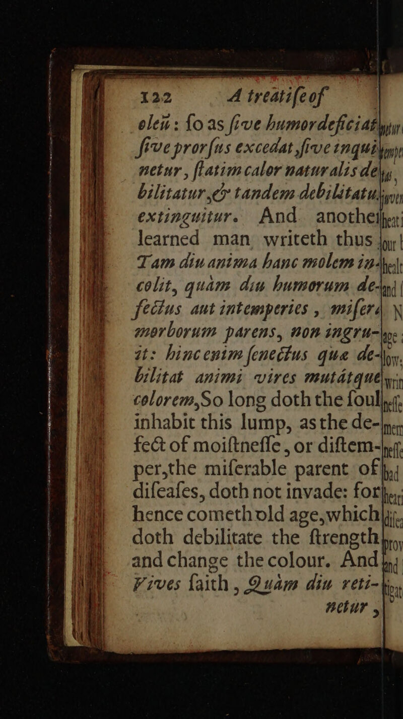 olen: Loas five humordefici atlyy five pror{us excedat five inguifmy netur , flatimcalor naturalisdely bilitatur cy tandem debilitatulny, extinguiture And. anothether; learned man writeth thus lp,| Tam diuanima hanc molem ind. colit, quam din humorum de-)| [ectus aut intemperies , miferd \ mer borum parens, 00R INgTU-lp.. at: hincenim fenectus qua de-\., bilitat animi vires mutatquey,. colorem,So long doth the foullys. inhabit this lump, asthe de-\p., fect of moiftnefle, or diftem-\ef. per,the miferable parent of},, difeafes, doth not invade: for}, ence cometh old age, which. doth debilitate the ftrength and change the colour. Andy Fives faith, Quam diu reti-\,, netur y\°