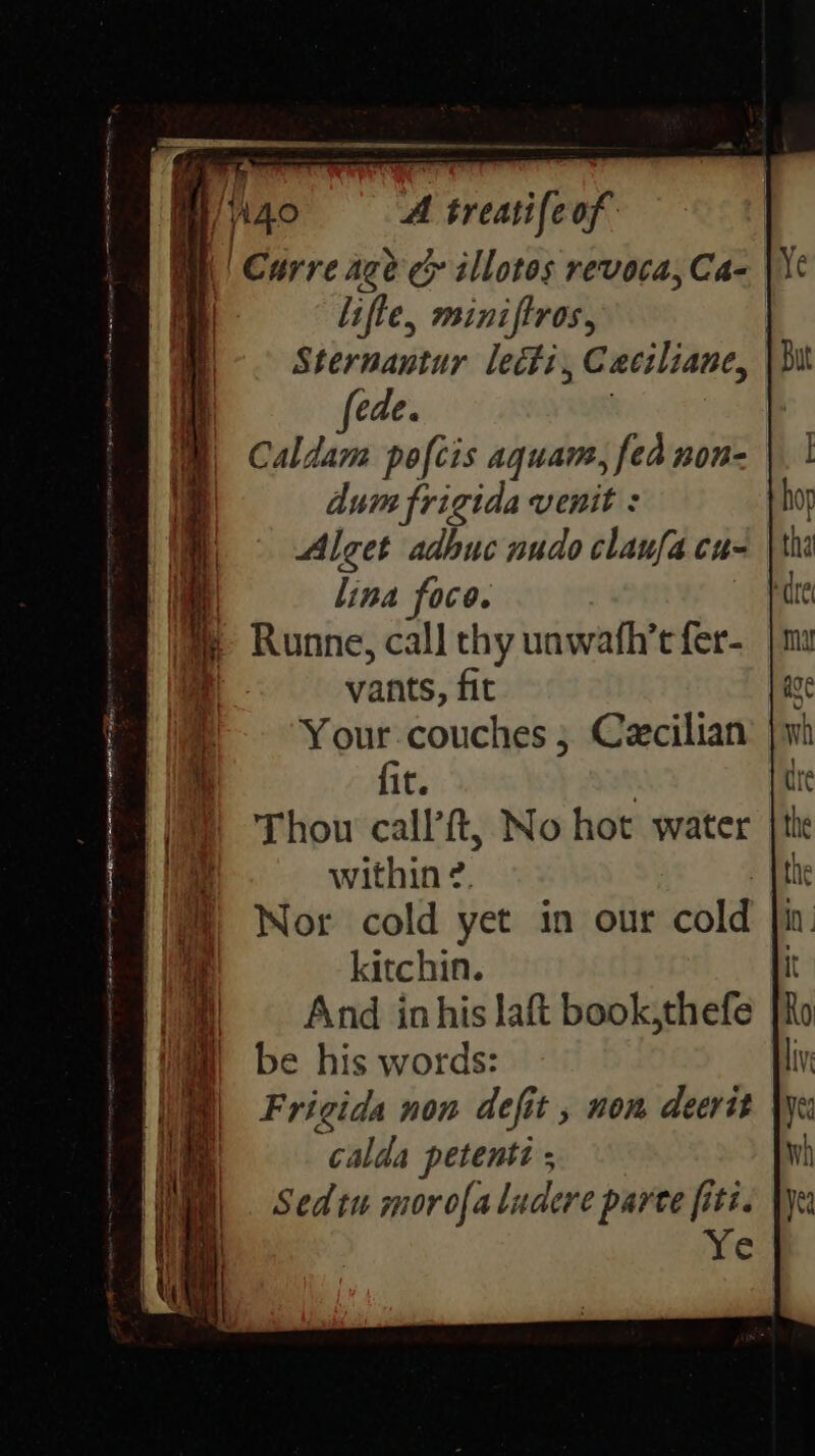 iy \'4° A treatifeof | Carre ace c illotos revoca, Ca- lifle, miniftros, Sternantur lect: , Caciliane, (ede. Caldam pofctis aquam, fea non- dum frigida venit : Alget adbuc nudo claufa cu- lina foco. Runne, call thy unwath’e fer- vants, fit Your couches ; Cecilian fit. Thou call’ft, No hot water within 2. Nor cold yet in our cold kitchin. And inhis laft book,thefe be his words: Frigida non defit , nom deerit calda petentt ; Sedtu morofaludere parce fiti. Ye
