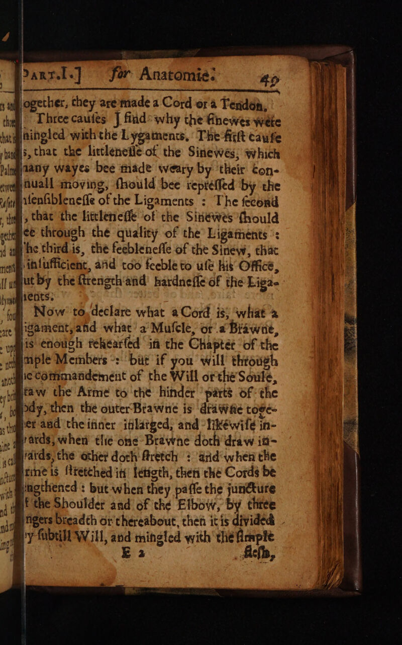 ogether, they are made a Cord ora Tendon, 4 Threecautes J find why the flhewes wete hig aingied withthe Lygamencs, The fitt cafe band 5, vithat the littlenefie.of the Sinewés; which ) ofan wayes bee made weary by their Eon- ye Ouall moving, fhould bee repreffed by ‘the plenfbleneffe of the Ligaments : The fecond ), thac the littleneffe ofthe Sinéwes fhould jee theough thé quality of the Ligaments °: he third.is, the feeblenefle of the Sinéw, thac . infufficient, afid too feeble to ule his OMe, jut by the fttength and hardnefle of the Liga. ents. Now to, declare what a Cord. is) what sigament,and what’ a Mufcle, or a Brawne, jis enough fekearfed itt the Chapter of the ath imple Mi enters &gt; but if you will through die Commandemeént of the Will orttie Soule. \igtaw the Arme to the hinder ’ parts of the ir pdy, then the outer Brawne is drawnke toee- wget and ctheifiner idlatged, and likéwife in- : rards, when tle one Brawne doch draw iti- al ards, the other doth Aretch : ‘arid when the Mrneis ftretched it fetigth, chen che Cords be ! \ inothened : but-when they paffe the juncture if the Shoulder and of thé Elbow, by three ifgers breadth or'thereabout, chen itis divided - ‘ fabtilt Will, and mingled with thie fAimpie E 3 _ Aichh, es —_ - a ere a see \ NSS