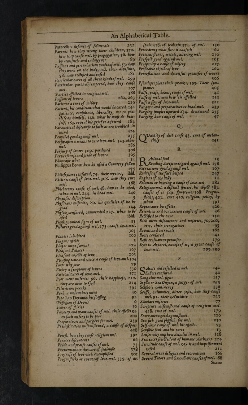 VdX^CQ\^\^% defence of Minerals 232 Parents how they wrong their children^ 372. how theycattfe meh by propagation^ 36. how by remifnefs and indulgence 89 Paffionsand perturbationscaufesof meU $^*how they work on the body fxMxdi, their divifans, 58. how redified andeafed l8l Particular cures of all three kif^ds oftneU 299 Particular parts dijiemperedf how they caufe meL _ 107 Parties affected in religious meL 3 08 Paffions of lovers 262, 263 Patience a cure of mifety 219 Patientj his conditions that would be cured) 144 patience, confidence, liberality, not to pro- ciifeon himfelf, 146. what he mufi do him- felf,i%i» reveal his grief to a friend 184 Paranetical difcourfe to fuch as are troubled in mind 424 Penyrial good againJl me I, ?. 3 5 Perfwafion a means to cure love^mel, other meL ^ Perjury of lovers 3 09. pardoned 306 Perverfenefs and pride of lovers 305 Phantafie what r Philippus Bonus how he ufed a Countrey fellow 17s Philofophers cenfured,7^. their errours, ibid. Philtres caufe of love-meL 308* how they cure meL 368 ^Phlebotomy caufe of meLhowto be ufed, -' when in meL 244* head meL 246 Phrenfies defcription ■ < ‘ r , ? Phyfitians miferies, 80. his qualities if he be good Phyfick^cenfured, commended 227* when to be ufed 'bW- Phyfiognomical figns of meL 35 Pictures good againfl meL caufe love-meL 305 planets inhabited 160 Plagues effects 3 Playes more famous tyz P leaf ant Palaces 167 Pleafant objeHs of love 263 Pleafing tone and voice a caufe of love-meL^o^ Poets why poor 79 Poetry a fymptome of lovers 33® Poetical cures of love-meL 371 Poor mens miferies 96. their happinefs, 210. they are dear to (fod 214 Poliutianstiranks 391 Pork, a melancholy meat 40 Pope Leo Decimus his fcoffing 92 *Pojfi jfion of Devils 6 Power of jpirits ^ 30 Poverty and want caufes of meL their effects no fuch mifery to be poor 200 Preparatives and purgersfor meL 239 Predefiinationmifconficrued, a caufe of defpair 428 Priefis how they caufe religious meL 3 92 Princes difeontents 66 Pride and praife caufes of meL 7 3 Preventions to the cure of jealoufie 37L Progrefs of love-meL exemplified 301 Prognofiicki or events of love-meL 335* f de fpair 418. o/* jealoufie 374. of meL 130 Precedency what ftirs it caufeth 62 Pretiousfiones, metals, altering meL 230 ProfpeCt good again ft meL 165 Profperity a caufe of mifery 217 Profitable objects of love 162 Proteftations and deceitful promifes of lovers 306 Pfeudoprophets their pranksy 395* T'heir fym- ptomes 405 Pulfe, peafe, beans, caufe of meL 41 Pulfe of meL men how *tis affeSted 110 Pulfe a fign of love-meL 311 Purgers and preparatives to head-meL 239 Purging fimplesupward 2'^q.* downward 235 Purging how caufe of meL • • . 47 Quantity of diet caufe 43. cure of melan¬ choly 144 R Rjitional foul 1$ Reading Scriptures good againft meL 178 Recreations good againft meL 167 Rednefs of the face helped 247 Regions of the beUy il Relation or hearing.a caufe of love-meL 282 Religions meL a diftinSt fpecies,his objeSl 383. caufes of it fymptomes^gS. Progno- fticks,^o$» cure 410. religion, policy, by ..whom 391, Repentance his effetis 426. Retention and evacuation caufes of meL 46 Retlified to the cure 150 Rich mens difeontents and miferies, 70,206, 207. their prerogatives 95 Rivals and corrivals ' 362 Roots cenfured 4^ Rofie crofs-mens promifes 179 Ryot in apparel, excefs of it, a great caufe of love-meL 295,299 SAints aid rejeSledin meL 142 Sallets cenfured 4° Sanguine meL figns .. 117 Scylla or Sea Onyon, a purger of meL 295 Scipio’j continency 33<^ Scoffs, calumnies, bitter jefts, how they caufe meL 91. their t/intidote 225 Scholars miferies 77 Scripture mifeonftrued caufe of religious meL 428. cure of meL / 179 Scorz^oneragood againft meL 229 Sea fick good phyfick. for meL 230 Self-love caufe of meL his effects* 75 Sen fib le foul and his parts 15 Senjes why and how deluded in meL 128 Sentences feleUed out of humane Authours 224 Servitude caufe of meL 93. it and imprifonnsent eafed 211 Several mens delights and recreations 165 Sever 6 Tutors and Guardians caufes of meL 88 Shame