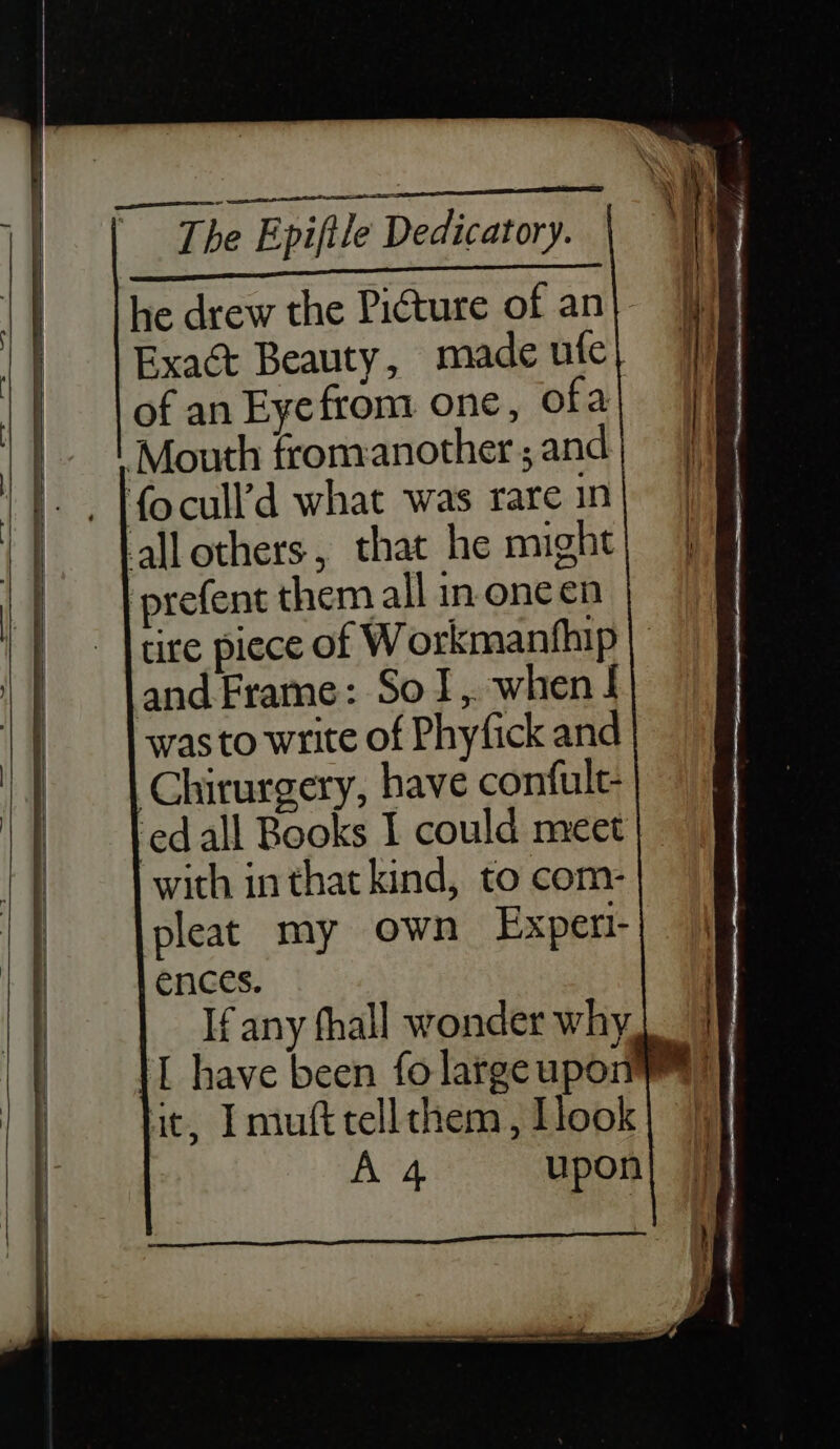 Pete 2 ste se To ‘The Epiftle Dedicatory. eee ee he drew the Picture of an}. Exact Beauty, made ufe} of an Eyefrom one, ofa Mouth fromanother ; and -, [focull’d what was rare in allothers, that he might prefent them all inoneen tire piece of Workmanthip | and Frame: SoI,. when { was to write of Phyfick and Chirurgery, have confult- ‘edall Books I could meet | with in that kind, to com- pleat my own Expeti- ences. If any fhall wonder why [ have been fo large upon] it, Imufttellthem, Ilook| | A 4 upon