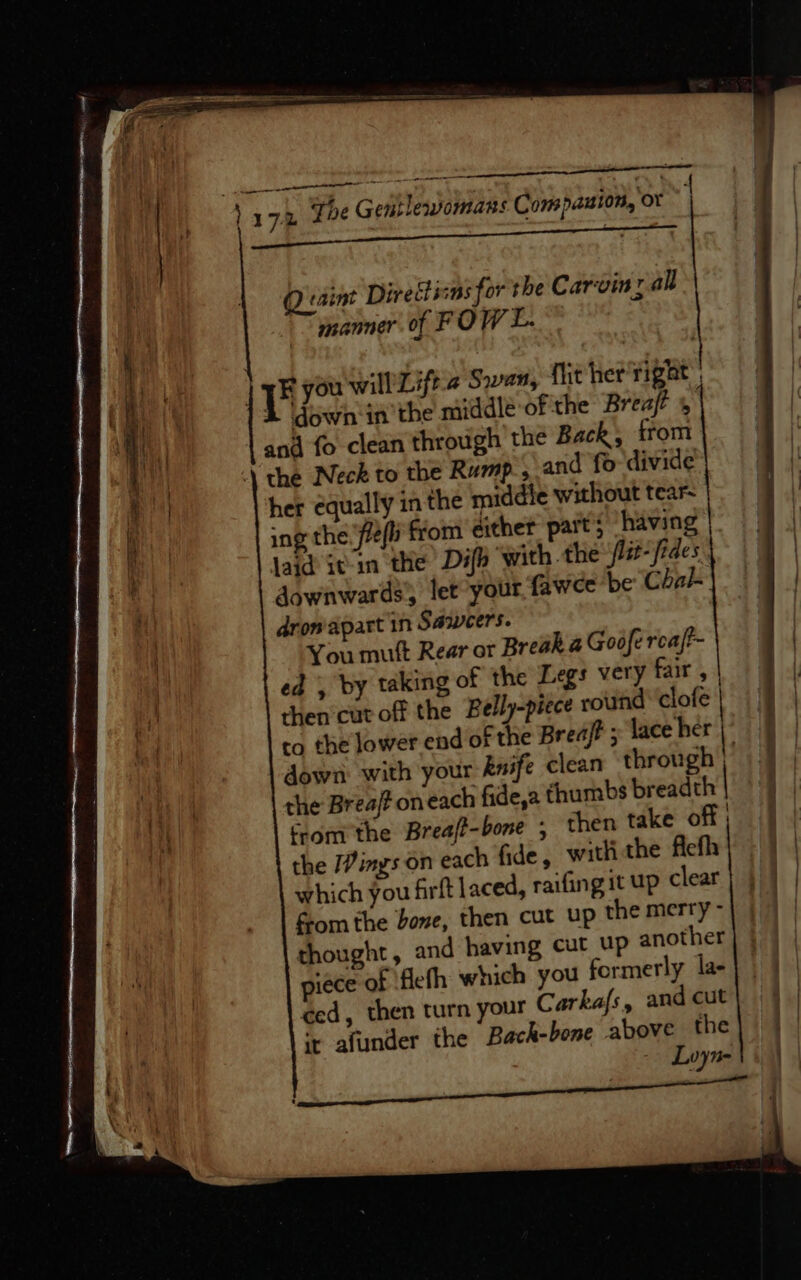 D taint Directscns for the Carvinr all manner of FOWL. &amp; down in the middle of the Breaft », and fo clean through the Back, from her equally in the middie without tear ing the. lef from dither part; ‘having laid itn the Dif} with. the ‘lit-fides downwards let your fawce be Cha dron'apart in Saweers. You mutt Rear or Break a Goofe reat ed , by taking of the Legs very fair , | then'cut off the Belly-piece round ‘clofe | to the lower end of the Breajt ; laceher | down with your &amp;nife clean through | the Brea/# oneach fide,a thumbs breadth trom the Breaft-bone , then take off | the ings on each fide, withthe flefh which you firft laced, raifing it up clear from the bone, then cut up the merry - thought, and having cut up another ‘ace of ‘fiefh which you formerly la- ced, then turn your Carkafs, and cut ‘+ afunder the Bach-bene above the Loyn- Fo pean tr een |