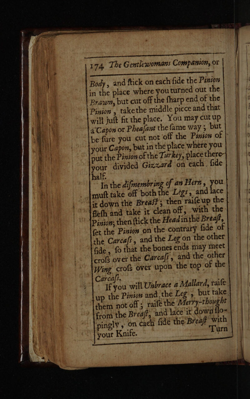 ee re sD SEC Seaton | 174, The Gentlewomans Companion, ot A ed Body, and ftick on each fide the Pinion in the place where you turned out the | Brawn, but cut off the fharp end of the Pinion , takethe middle piece and that will juft fit the place. You may cutup | 4° Capon or Pheafant the fame way ; but be fure you cut not off the Pisin of your Capon, butin the place where you put the Pinion of the Turkey, place there- your divided Gizzard on each. fide half. In the difmembring of an Hern, you muft take off boththe Legs, and lace | ‘+ down the Breast; then raife up the fieth and take it clean off, with the Pinion; then {tick the Headin the Brea/t, fet the Pinion on the contrary fide of the Carcafs, and the Legon the other fide , fo that the bones ends may meet crofs over the Carcafs , and the: other Wing crofs over upon the top of the Carcafs. If you will Usbrace a Mallard, rate. up the Pinion and the Leg , but take, them not off ; raife the Mery shone f-om the Breaff, ‘and lace it down flo- pingly on cach fide the Breaff with your Knife. Turn. re