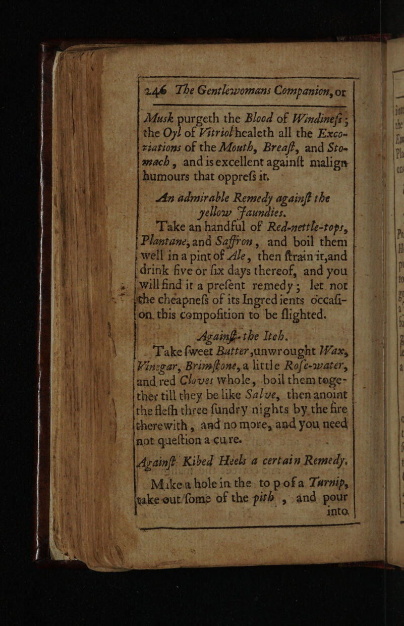 ne 244 The Gentlewomans Companion, or Musk purgeth the Blood of Windinejs; the Oy! of Vitriothealeth all the Exco- zzations of the Mouth, Breaft, and Sto- mach, andisexcellent again{t malign humours that opprefs 1t. An admirable Remedy againft the yellow Faundies. Take an handful of Red-nettle-tops, well ina pintof dle, then ftrainit,and | {drink five or fx days thereof, and you Naa » | willfind it a prefent remedy; let. not i =~ the cheapnefs of its Ingredients occafi- ton this cempofition to be flighted. ae Gs | Againg- the Itch. y | | Take fweet Butter unwrought Wax, | Minsgar, Brimjfgone,a little Rofe-water, | jand red Cloves whole, boil themtoge- (HL? ither till they be like Sa/ve, then anoint |. [therewith , aad no more, aad you need | {not queltion a¢cure. Axainft. Kibed Heels a certain Remedy, Mikes hole in the, to pofa Turnip, take-out {ome of the pith , and. pour into, —- d a