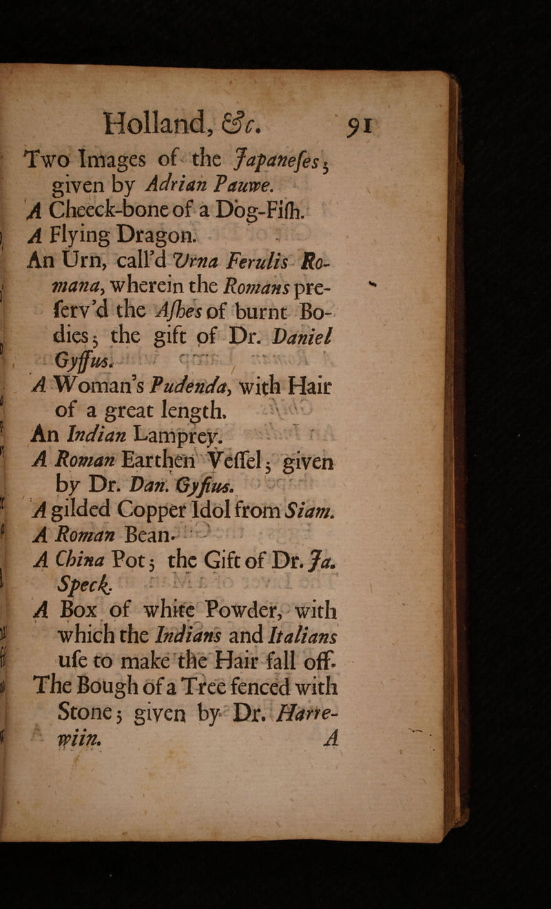 Two Images of the Japanefesh given by Adrian Pauwe. A Cheeck-bone of a Dog-Fifh. A Flying Dragon. An Urn, call’d Vma Ferulis Ro- mana, wherein the Romans pre¬ fervd the Afhes of burnt Ba¬ the gift of Dr. Daniel Gyffm. A Woman’s Pudenda, with Hair ^ ' X of a great length. An Indian Lamprey. A Roman Earthen Veffel 5 given /y-'z *•» V -t ■ i > <* v -v > - >i * v by Dr. Dan. Gyfius. ' S-, \a- . /*•-- r~ -V v \ • * « c. V A Roman Bean. A CA/a* Pot 5 the Gift of Dr. Ja. Speck A Box of white Powder, with which the Indians and Italians ufe to make the Hair fall off The Bough of a Tree fenced with Stone 5 given by Dr. Harre- ' .' r * * a1- -  \ T