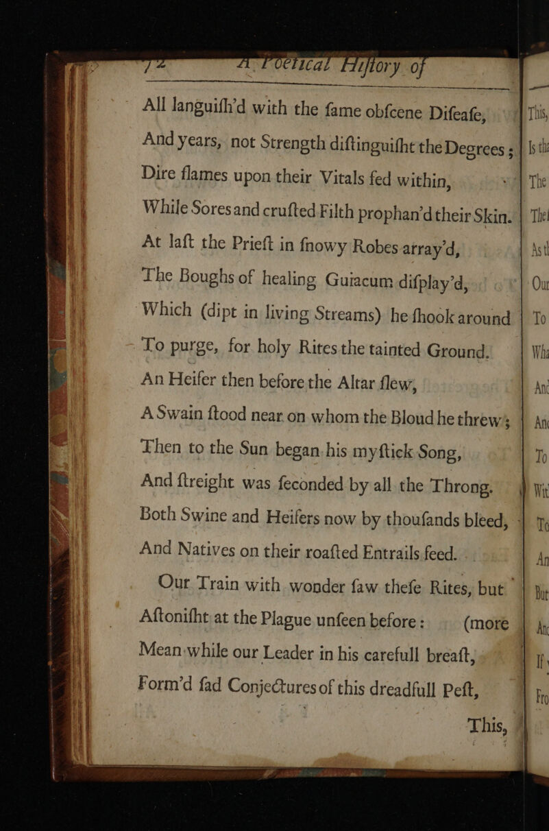 , roelical Fiifiory 0, ~ All Janguifh’d with the fame obfcene Difeafe, And years, not Strength diftinguifht the Degrees 5. Dire flames upon their Vitals fed within, While Sores and crufted Filth prophan’dtheir Skin. | The At laft the Prieft in fnowy Robes array d, Ast The Boughs of healing Guiacum difplay’d, Ou Which (dipt in living Streams) hefhook around | To To purge, for holy Rites the tainted Ground. Wh An Heifer then before the Altar flew, An A Swain ftood near. on whom the Bloudhe threw’ | Ay Then to the Sun began. his myftick Song, To And ftreight was feconded by all the Throng. }) yy Both Swine and Heifers now by thoufands bleed, | 7 And Natives on their roafted Entrails.feed. An Our Train with wonder faw thefe Rites, but | But Aftonifht at the Plague unfeen before : (more | jy q ' Mean while our Leader in his carefull breatt, It j Form’d fad Conjectures of this dreadfull Peft, Fr This, |