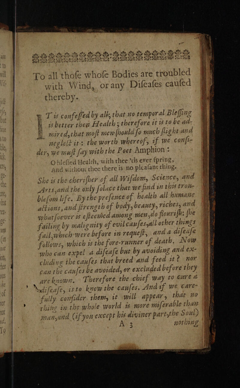  y  ahr ety cin, che. ir, ao, ete. cts ets. hn, to, Po ef &gt; a ag Se he Ph eesti &lt;M knw BHA Rog Nose ad ile woe Sy fede Ee aie ie ey Viiy HD OUD Ce CABAL S Tike © IKE o Nit Or lihs € if fy getty tH actilt Chess $2 Sat SUS MSM IN GE UV oS Ghga Se S93 SL2 533 To all thofe whofe Bodies are troubled with Wind, orany Difeafes caufed thereby. we T ts confeffed by alt, that no temporal Bleffing is better thea Edealth ; therefore it 4 to be ad- mired,that moft men{houla fo much flight an d neolest it. the worth whereof, if we conjt- ae yee der, we mujt [ay withthe Poet Amphion * O blefied Healch, with thee ’cis ever (pring, And without thee there is no pleafant ching. She is the cherifber of all Wifdom, Science, and Artsand the only folace that we find in this trot blefom life. By the prefence of health all humane attions, and firength of body, beauty, riches, ana whatfocver us efteemcd among men,do flourafl: {he failing by maligaity of evilcaufes,all other things fail,which were before 12 requeft, ana a difeafe follows, which is the fore-runner of death, Now whocan expel a difeafe but by avoiding and eX- cliding the canfes that breed and feed it? nor can the caufes be avoided, or excluded before they areknown, Therefore the chief way to oure A \edifeafe, isto know the caufes. And if we care- fully confider. them, wt will appear, that no thing inthe whole world 1 more miferable thaw rand (if you except hts diviner part,the Soul) WAN 4% NOLS cs 2                          