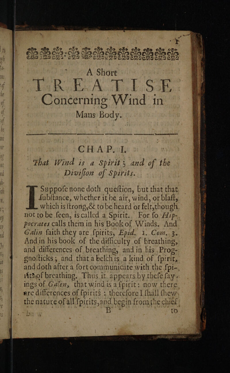 tee A aL. Soe Concerning Wind in Mans Body. Suppofe none doth queftion, but that that fubftance, whether it be air, wind, or blaft, which is ftrong,&amp; to be heard or felt,though not to be feen, iscalled a Spirit.. For fo -A/zp- pocrates calls them in his Book of Winds. And Galin faith they are fpirits, Epid. 1. Com,.3. Andin his book of the difficulty of breathing, and differences of breathing, and in his ,Prog- snoiticks; and thatabelchis a kind of. fpirit, and doth after a fort communicate with the fpi- vVithof breathing. Thus it. appears by thefe fay. ings of Galen, that wind ts afpirit: now there ’ Be to se) : : P pe gels : es = Stee 6 Se = — SSS = cee a ; =n ee 