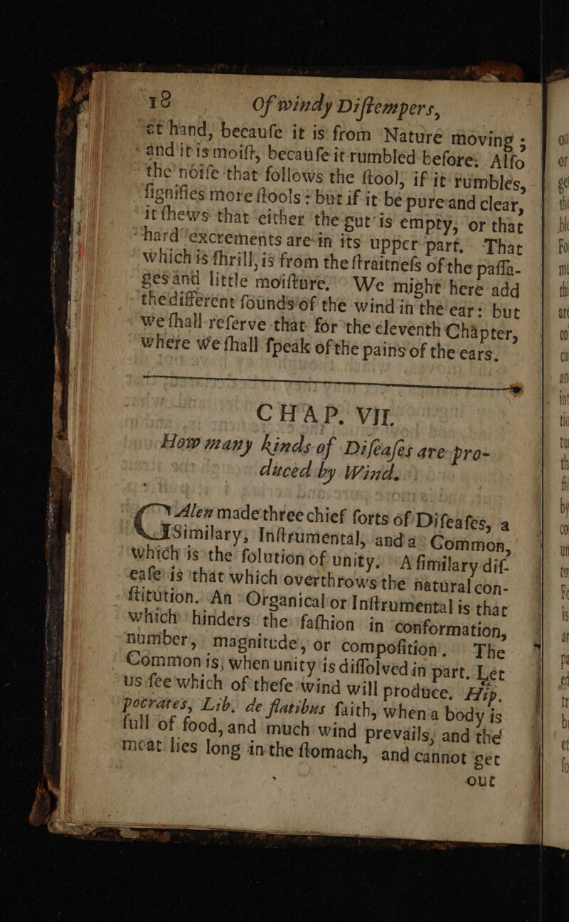 et hand, becaufe it is’ from ‘Nature moving ; ‘and itis moift, becatfe it rumbled before: Alfo the noife ‘that follows the {too); if it rumbles, fignifies more ftools but if it be pureand clear, it fhews that ‘either ‘the Sut‘ is empty, or that hardexcrements arein its upper part, That which is thrill, is from the {traitne(s of the paffa- ges and little moifture:’° We might here add thedifferent founds'of the wind in the ear: but we fhall-referve that. for the eleventh Chapter, where We fhall fpeak of the pains of the ears, CHAP. VIL How many kinds of Difeases are pro- duced by Wind. Alen made three chief forts of Difeafes, a Cssimitary, Inftrumental, anda Common, which is the folution of unity. “A fimilary dif. cafe’ is ‘that which overthrows the natural con- {titution. An Organical or Inftrumental is that which ‘hinders. the: fathion in conformation, number, magnitude, or compofition. The Common is; when unity is diffolved in part. Let us fee which of thefe wind will produce, Hip, pocrates, Lib, de flaribus faith, whena body is full of food, and much wind prevails, and the meat lies long inthe ftomach, and cannot get out 