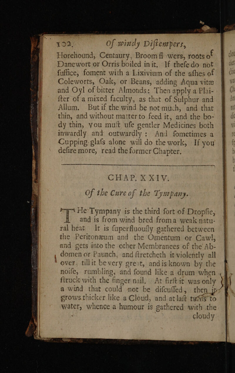   Xo &gt; 102. Of windy Diftempers, Horehound, Centaury, Broom ff wers, roots of Danewort or Orris boiled init, lf thefedo not fuffice, foment with a Lixivium of the afhes of 9 Coleworts, Oak, or Beans, adding es! vitae ' and Oyl of bitter Almonds: Then apply a Plai- iter of a mixed faculty, as that of Sulphur and Allum. But if the wind be not much, and that thin, and without matter to feed it, and the bo- dy thin, you mult ufe gentler Medicines both ] inwardly and outwardly : And fometimes a | ain late alone will do the work, If you defire more, read the fo rmer Chapter.                      CHAP, XXIV. Of the Cure Oj F the Tj Vy “Wa PAny.  a He Tympany is the third fort of Dropfie, | and is from wind bred froma weak natu- ] heat ] { {y fi 1 q ly Oo +} b frre ral heat It is fuperfluoufly gathered between +} Per nd the aes aw! the Peritoneum and the Omentum or Cawl, an eee into the other Membranees of , domen or Paun ch, and ftretcheth it vi is very greit, andisknown by the noife, rumbling, and found like a drum when . J, {truck with the finger nail. il Ona it was only } | a wind that could not be difcuffed, then_it- grows.thicker like a Cloud, a nd a atlaft twAis*to water, whence a humour is at ered with the cloudy oe