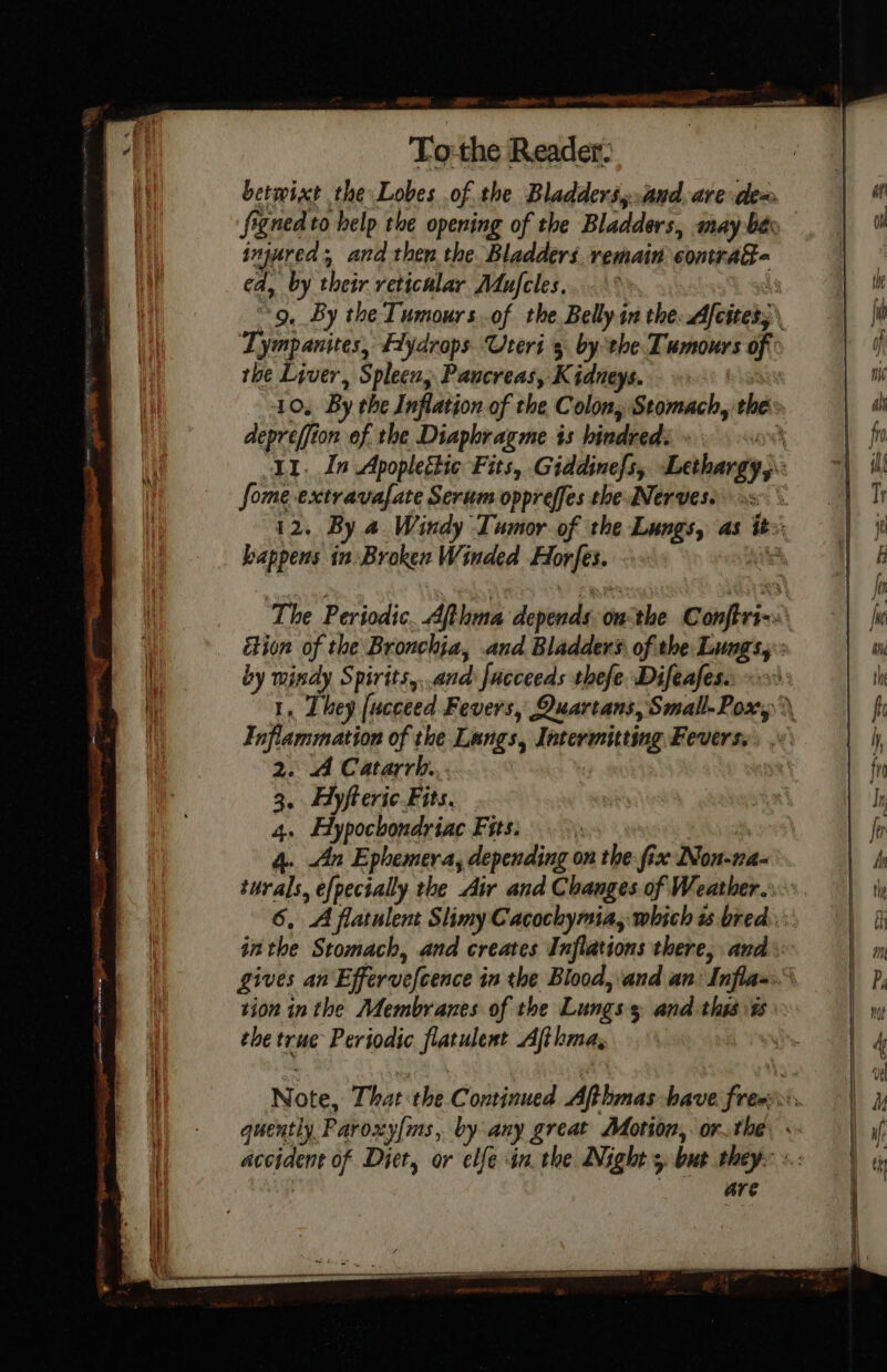 To-the Reader: injured, and then the. Bladders remain contrad- ed, by their reticular Mdufcles. Tympanites, fydrops Uteri 5. bythe Tumours of the Liver, Spleeu, Pancreas, Kidneys. : depreffion of the Diaphragme is bindred: « Some extravafate Serum oppreffes the Nerves. happens in: Broken Winded Horfes. by mindy Spirits,..and Jucceeds thefe Difeafes. 2. A Catarrh... 3. Ayfteric Fits. 4. Flypochondriac Fits: &gt;: 4.. An Ephemera, depending on the: fix Non-na- turals, efpecially the Air and Changes.of Weather. the true Periodic flatulent Afthma, are