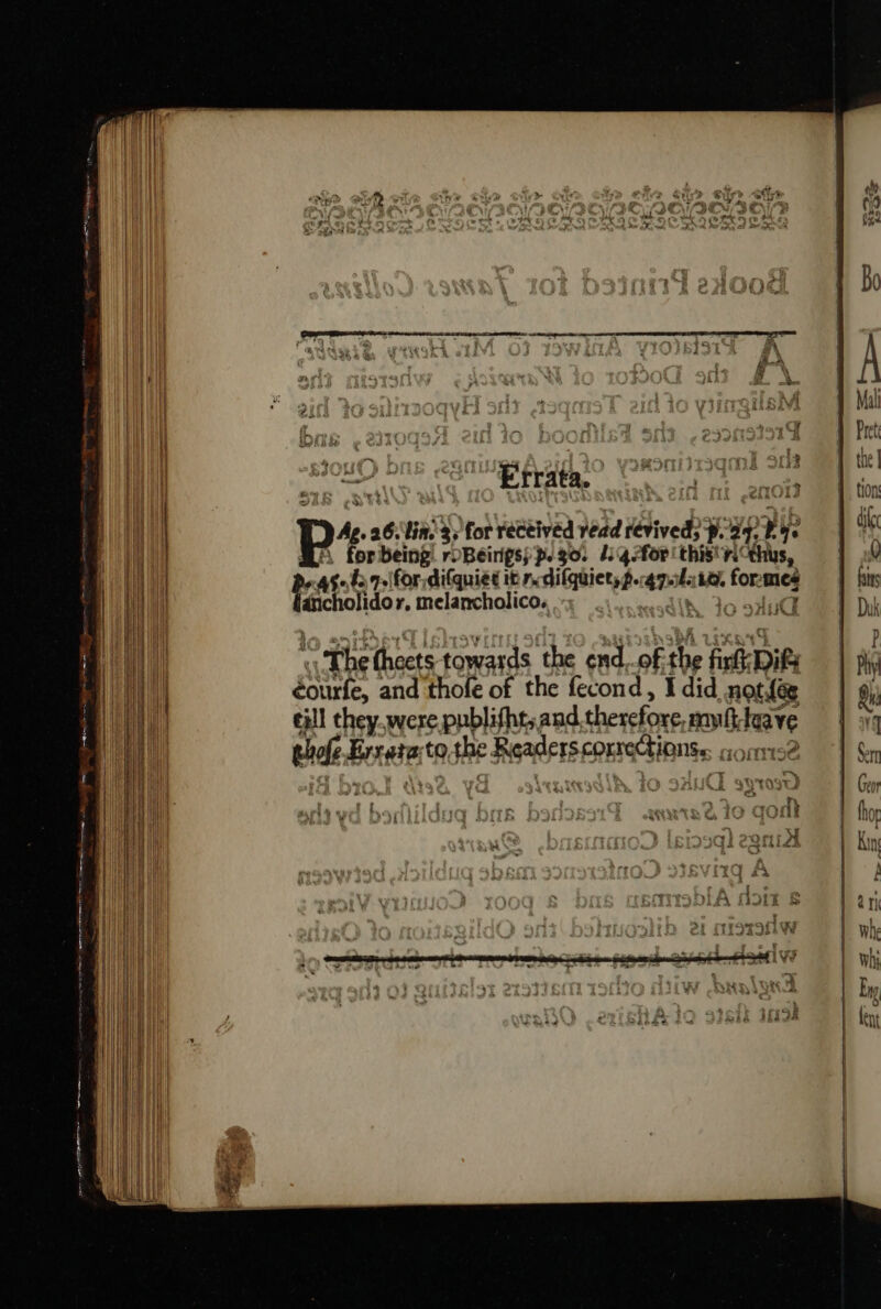 Ge em ON an ar os ee ee na —s 5 tos ae = — ited Efate!” on10} Aga 26. lin. 5 for received read lived? f: 2%, ip \ for being: roBeings; p30. 24 2for this'ricthus, 4S #3 9.\for difquiet it r.difquiet,p.: ‘apots La. h toteas mes i chojidor, melancholico. Io stn ° the theets towards the ond of the Fisk Dif: Se and thofe of the fecond, I did not {és ell they.were pyblifht,and therefore, mmf leave tide Exrgia:to the Readers connections rome