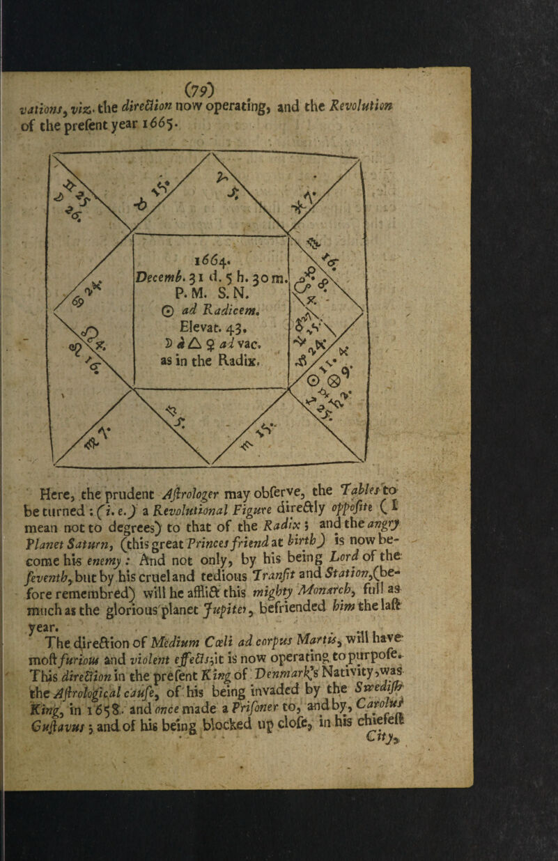 Here, the prudent Jfirologer may obferve, the Tables' ta be turned ; (i, e.) a Revnlutional Figure dire&ly oppofite Q I mean not to degrees) to that of the Radix 5 andtht angry Planet Saturn^ (this great Princes friend at birth) is now be¬ come his enemy: And not only, by his being Lord of the feventhybwt by his crueland tedious Tranfit and St at i on ^(be- fore remembred) will he afflifr this mighty Monarchy ftil much as the glorious'planet Jupiw^ befriended ^iwthelaft year. . The direction of Medium Cceli ad corpus Martu^ will have mo ft furious and violent ejfeftsdt is now operating topurpofe. This diredion in the prefent King of Denmark Nativity ,was the Ajhohgical caufe, of his being invaded by the Swe iff? King, in 1658V and once made a Prifoner to, wdby, CaroM Guftavus *, and.of his being blocked up clofe? in his chietelt (79) various, viz* the direction now operating, and the Revolution of the prefent year 1665. f <