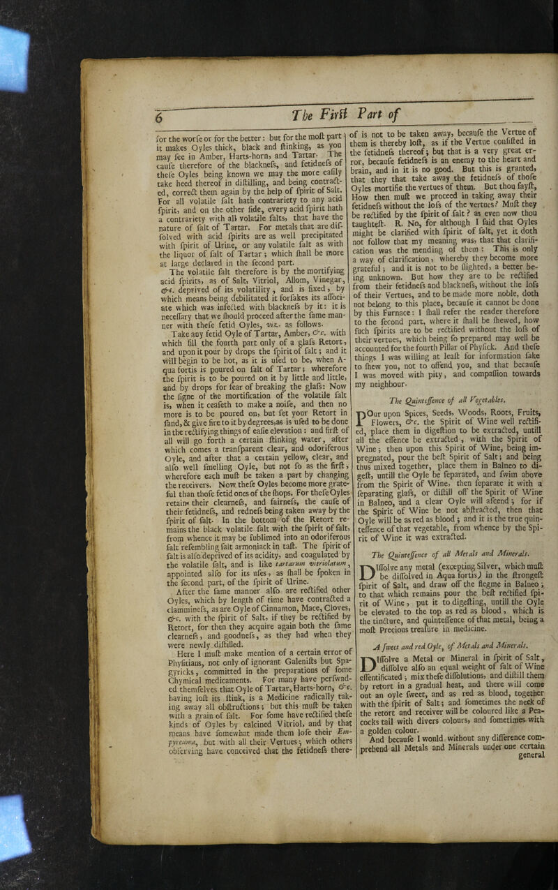 The Firii for the worfe or for the better: but for the moft part it makes Oyles thick, black and ftinking, as you may fee in Amber, Harts-hornj and Tartar- The caufe therefore of the blacknefs, and fetidnefs of thefe Oyles being known we may the more eafily take heed thereof in diftilling, and being contraft- ed, correct them again by the help of fpirit of Salt. For all volatile fait hath contrariety to any acid fpirit, and on the other fide, every acid fpirit hath a contrariety with all volatile falts, that have the nature of fait of Tartar. For metals that aredif- folved with acid fpirits are as well precipitated with fpirit of Urine, or any volatile fait as with the liquor of fait of Tartar ; which fhall be more at large declared in the fecond part. The volatile fait therefore is by the mortifying acid fpirits, as of Salt, Vitriol, Allom, Vinegar, &e. deprived of its volatility, and is fixed, by which means being debilitated it forfakes its alToci- ate which was infeded with blacknefs by it: it is neceflary that we fliould proceed after the fame man¬ ner with thefe fetid Oyles, viz., as follows. Take any fetid Oyle of Tartar, Amber, with which fill the fourth part only of a glafs Retort, and upon it pour by drops the fpirit of fait; and it will begin to be hot, as it is ufed to be, when A- qua fortis is poured on fait of Tartar; wherefore the fpirit is to be poured on it by little and little, and by drops for fear of breaking the glafs: Now the figne of the mortification of the volatile fait is, when it ceafeth to make-a noife, and then no more is to be poured on, but fet your Retort in fand, & give fire to it by degrees,as is ufed to be done in the rectifying things of eafic elevation: and firft of all will go forth a certain ftinking waterafter which comes a tranfparent clear, and odoriferous Oyle, and after that a ceitain yellow, clear, and alfo well fmelling Oyle, but not fo as the firft, wherefore each muft be taken a part by changing the receivers. Now. thefe Oyles become more grate¬ ful than thofe fetid ones of the (hops. For thefe Oyles retaim their clearnefs, and fairnefs, the caufe of their fetidnefs, and rednefs being taken away by the fpirit of fait- In the bottom of the Retort re¬ mains the black volatile fait with the fpirit of fait, from whence it may be fublimed into an odoriferous fait refembling fait armoniack in taft. The fpirit of fait is alfo deprived of its acidity, and coagulated by the volatile fait, and is like tartamm appointed alfo for its ufes, as lhall be fpoken in the fecond part, of the fpirit of Urine. After the fame manner alfo are rectified other Oyles, which by length of time have contracted a ciarnminefs, as are Oyle of Cinnamon, Mace, Cloves, &C. with the fpirit of Salt, if they be rectified by Retort, for then they acquire again both the fame clearnefs, and goodnefs, as they had when they were newly diftilled. Here 1 muft make mention of a certain error of Phyfitians, not only of ignorant Galenifts but Spa- gyricks, committed in the preparations of fome Chymical medicaments. For many have perfwad- ed themfelves that Oyle of Tartar, Harts-horn, &c. having loft its Itink, is a Medicine radically tak¬ ing away all obftruCtions; but this muft be taken with a grain of fait. For fome have rectified thefe kinds of Oyles by calcined Vitriol, and by that means have fomewhat made them lofe their Fm- ■pyreuma.^ but with all their Vertues*, which others obferving have conceived that the fetidnefs there- Tart of _ of is not to be taken away, becaufe the Vertue of them is thereby loft, as if the Vertue confifted in the fetidnefs thereof; but that is a very great er¬ ror, becaufe fetidnefs is an enemy to the heart and brain, and in it is no good. But this is granted, that they that take away the fetidnefs of thofe Oyles mortifie the vertues of them. But thou fayft. How then muft we proceed in taking away their fetidnefs without the lofs of the vertues.^ Muft they be reClified by the fpirit of ialt ? as even now thou taughteft. R. No, for although I faid that Oyles might be clarified with fpirit of fait, yet it doth not follow that my meaning was, that that clarifi¬ cation was the mending of them ‘ This is only a way of clarification, whereby they become more grateful; and it is not to be flighted, a better be¬ ing unknown. But how they are to be rectified from their fetidnefs and blacknefs, without the lofs of their Vertues, and to be made more noble, doth not belong to this place, becaufe it cannot be done by this Furnace: I lhall refer the reader therefore to the fecond part, where it lhall be Ihewed, how fuch fpirits are to be rectified without the lofs of their vertues, which being fo prepared may well be accounted for the fourth Pillar of Phyfick. And thefe things I was willing at leaft for information fake to Ihew you, not to offend you, and that becaufe I was moved with pity, and compaffion towards my neighbour. The Qmntejfence of all yegetMes, P'Our upon Spices, Seeds, Woods, Roots, Fruits, Flowers, ^c. the Spirit of Wine well rectifi¬ ed, place them in digeftion to be extracted, untill all the effence be extracted , wijth the Spirit of Wine •, then upon this Spirit of Wine, being im¬ pregnated, pour the belt Spirit of Salt; and being thus mixed together, place them in Balneo to di- geft, untill the Oyle be feparated, and fwim above from the Spirit of Wine, then feparate it with a feparating glafs, or diftill off the Spirit of Wine in Balneo, and a dear Oyle will afeend •, for if the Spirit of Wine be not abftraCfed, then that Oyle will be as red as blood ; and it is the true quin- teffence of that vegetable, from whence by the Spi¬ rit of Wine it was extracted. The Quinteffence of all Metals and Minerals. Dlflblve any metal (excepting Silver, which muft be diffolved in Aqua fortis j in the ftrongeft fpirit of Salt, and draw off the flegm.e in Balneo i to that which remains pour the belt rectified fpi¬ rit of Wine, put it to digefting, untill the Oyle be elevated to the top as red as blood, which is the tincture, and quinteffence of that metal, being a moft Precious treafure in medicine. A fxceet and red Oyle^ of Metals and Minerals. Dlflblve a Metal or Mineral in fpirit of Salt, diffolve alfo an equal weight of fait of Wine effentificated i mix thefe diffolutions, and diftill them by retort in a gradual heat, and there will come out an oyle fweet, and as red as blood, together with the fpirit of Salt; and fometimes the neck of the retort and receiver will be coloured like a Pea¬ cocks tail with divers colours, and fometimes. with a golden colour. And becaufe I would without any difference com¬ prehend all Metals and Minerals under one certain general