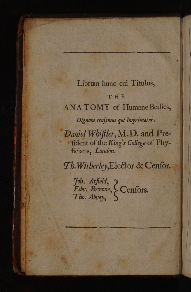 Librum hunc cui Titulus, ficians, London. Tb. Witherley,Ele&amp;tor &amp; Cenfor. Fob. Atfield, Edy. Browne, S Cenfors. Tho. Alvey,