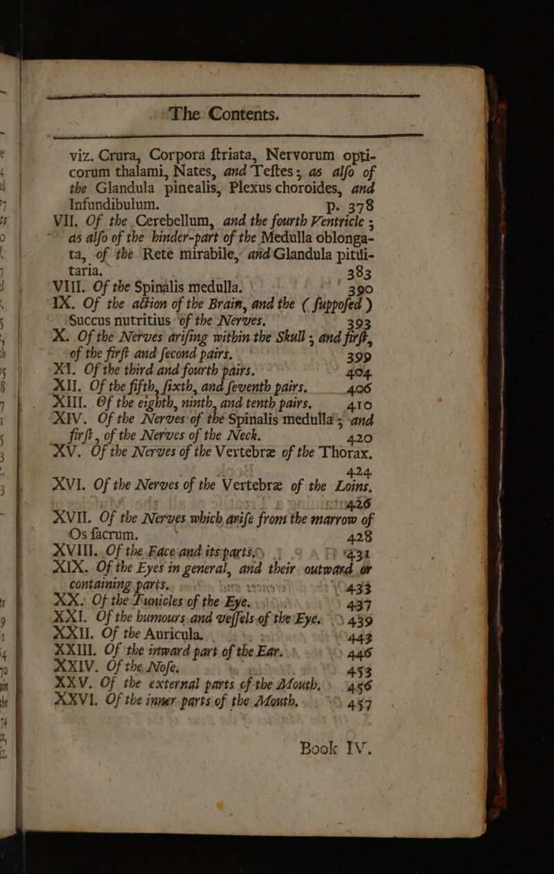 viz. Crura, Corpora f{triata, Nervorum opti- corum thalami, Nates, and Teftes ; as alfo of the Glandula pinealis, Plexus choroides, and Infundibulum. Dp: 378 VII. Of the Cerebellum, and the fourth Ventricle : as alfo of the binder-part of the Medulla oblonga- ta, of the Rete mirabile, avd Glandula pitui- taria, a VIII. Of the Spinalis medulla. | IX. Of the attion of the Brain, and the ( fed ) Succus nutritius of the Nerves. X. Of the Nerves arifing within the Skull . and fee of the firft and fecond pairs. 399 XI. Of the third and fourth pairs. 4.04. All. Of the fifth, fixth, and feventh pairs. 4.06 XIII. Of the eighth, ninth, and tenth pairs. = ato XIV. Of the Nerves of the Spinalis medulla’; \and firft , of the Nerves of the Neck. 424, XVI. Of the Nerves of the Vertebra of the Loins, XVII. Of the Nerves which pile from the nar of Os facrum. bk XVIII. Of the Faceand itspartso .) AIX. Of the Eyes in general, and one outward fa containing parts. . 433 XX. Of the Lunicles of the Bet, ) 4u7 XXII. Of the humours. and veffels.of the Eye...) 439 XX. Of the Auricula, 443 XXII. Of the inward part of the Ear. 446 AXIV. Of the Nofe. 453 XXV. Of the external parts of the Bfouth, 4x6 AXVI. Of the inner parts of the Mouth. 457