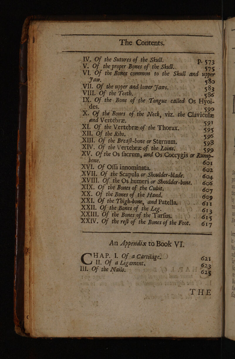 IV. Of the Sutures of the Skull. Pp. §73 V. Of the proper Bones of the Skull.. S75 -| VI. Of the Bones common to the Skull and upper Faw, 4 : 380 VII. Of the upper and lower Faws. 533 VUL.. Of the Teeth. 586 IX. Of the Bone of the ‘Tongue called Os Hyoi- _ des. $99 X. Of the Bones of the Neck, viz. the Clavicule and Vertebre. | 5 QI XL. Of the Vertebraof the Thorax.:\ 593 XII. Of the Ribs, : a 596 AINI. Of the Breaft-bone or Sternum. 593 XIV. Of the Vertebree.of the Loins: 599 XV. Of the Os facrum, and Os Coccygis or Rump- bone. » Sh 6OrE XVI. Of Offa innominata, m 602 XVII. Of the Scapula or: Shoulder-blade. 604. XVIII. Of. the Os humeri or Shoulder-bone..\ 606 XIX. Of the Bones of' the Cubit; 607 XX. Of the Bones of the Hand. LV éag AXI, Of the Thigh-bone, and Patellasi \2 2 614 XXII. Of the Bones of the Leg. adi (0. Ara XXII. Of the Bones-of the Tarfus; «(45 2 %6 15 XXIV. Of the rejt of the Bones of the Foot. 61 7 ) . A one An Appendix to Book VT. os AP? 1. Ofea Cartilage... 621 Il. Of @ Ligament. ; 623 Ill. Of the Nails: