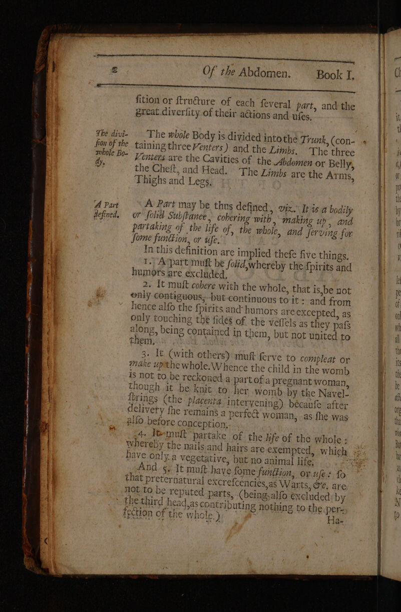 a ae Ries GE oe — : ee ee Lt £ Of the Abdomen. —— Book I. x fition or ftru&amp;ure of each feveral part, and the great diverfity of their agtions and ufes, The divi- The whole Body is divided intothe Trunk, (con- fron of the aining three enters) and the Limbs. The three | hae Po- Venters are the Cavities of the Abdomen or Belly, vr the Cheft, and Head. The Zimphs are the Arms, Thighs and Legs, d Part A Part may be thus defined, viz. Its a bodily gefined, or fold Subjtanee . cobering with, making up, and | partaking of the life of, the whole, and serving for. fome funttion, or ufe, In this definition are implied thefe five things. tT. A‘part mutt be folid,whereby the fpirits and humors are excluded! 2. It muft cobere with the whole, that is,be not only contiguous,-but-continuous to it : and from hence alfo the {pirits and humors are excepted, as only touching thé fidés of the verels as they pafs along, being contained in them, but not united to them, | | 3. lt (with others) mutt ferve to compleat or make upthe whole.Whence the child in the womb is not to be reckoned a part of a pregnant woman, though it be knit to. her womb by the Navel- ibrings (the placenta interyening). bécaufe after delivety fhe remains a perfect woman, .as fhe was 4. Itemuit partake of the life of the whole : whereby the n have only. a vegetative, but no animal life. And-5. It muft have fome function, ov.ufe: fo that preternatural excrefcencies,as Warts, Gc, are NOt Lo be reputed parts, (being.alfo excluded by * bird head accnnéeihs tl eee he.7 the third head.as cont) 1outIng nothing to the per- Ve Ae ta 3 ~ 4 et nd a hues ; “ft &amp; Saas “a . » bs rection of the whole ) , la ite