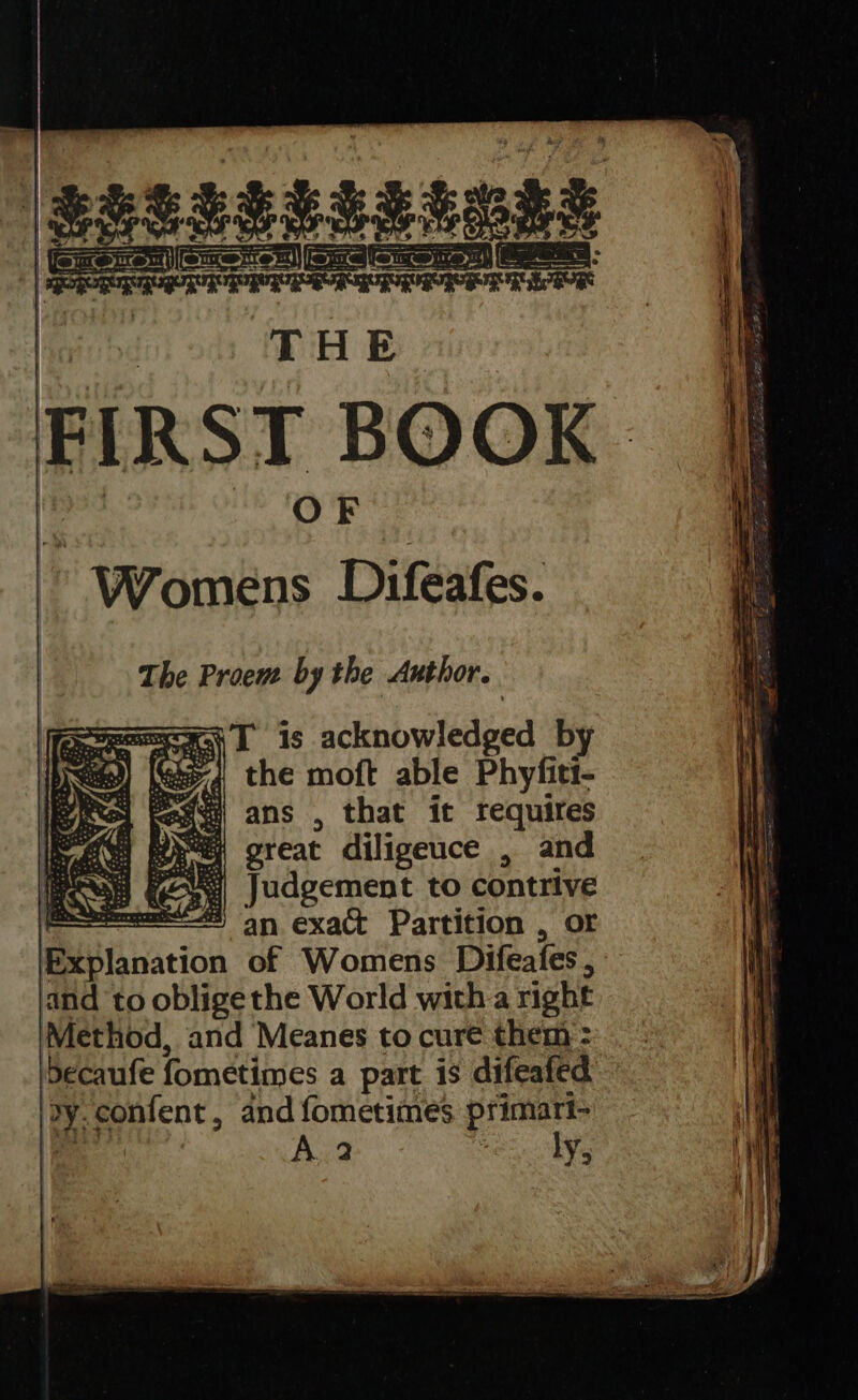  THE FIRST BOOK ~ Womens Difeafes. The Proewe by the Author. eK 1 is acknowledged by 74 the moft able Phyfiti- a , that it requires %} great diligeuce , and | Judgement to contrive | = an exact Partition , or Explanation of Womens Difeafes , and to obligethe World witha right Method, and Meanes to cure them : becaufe fometimes a part is difeafed oy. content , and fometimes primari- i, A. 2 ly, 