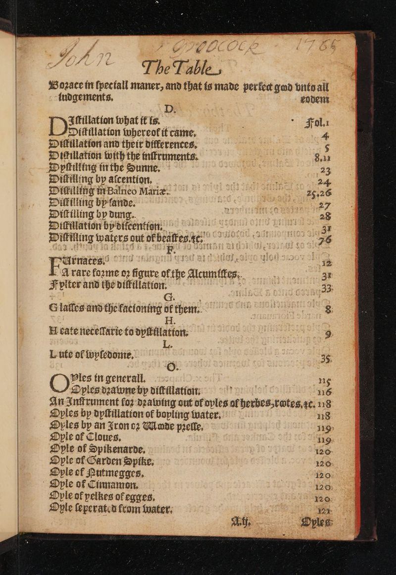 Boꝛate in ſpeciall maner, and that iudgements. kodem D 2 ſtillation what it is. Fol. Dititillation whereok it came. 4 Diſtillation and their differences. 5 Dittillation with the inſtruments. 8.11 Opſtilling in the Sunne. 23 Diſtilling by aſcention. 24 Diſtilling in Balneo Mariæ. 25.26 Diſtilling by fande. 27 Diſtilling by dung. 28 Diffillation by difcention, VVU SS 38 Diftiling waters out ofbeaffes.¢c, | oy ag i Sheeting ine 2 e 12 A rare forme oꝛ figure ot the Alcumiſtes. 31 F piter and the diſtillation. 33. G. : G laſles and the facioning of them. 8 H. H tate neceſlarie to dyſtillation. 9 L. : L-ufe of wyſedome. 35 O. Cy in generall. 115 Oples dꝛawne bp diſtillation. 116 Oyles by an Iron oꝛ Mode pꝛeſle. Ople of Cloues, Ople of Spikenarde. Dple of Garden Spike. Oyle of Nutmegges. Ople of Cinnamon. Ople of pelkes of egges. Doyle ſeperated from water. SF. ig made perfedt gd vnto all 119 119 120 120 120 120 120 221 Dyles: Ach.
