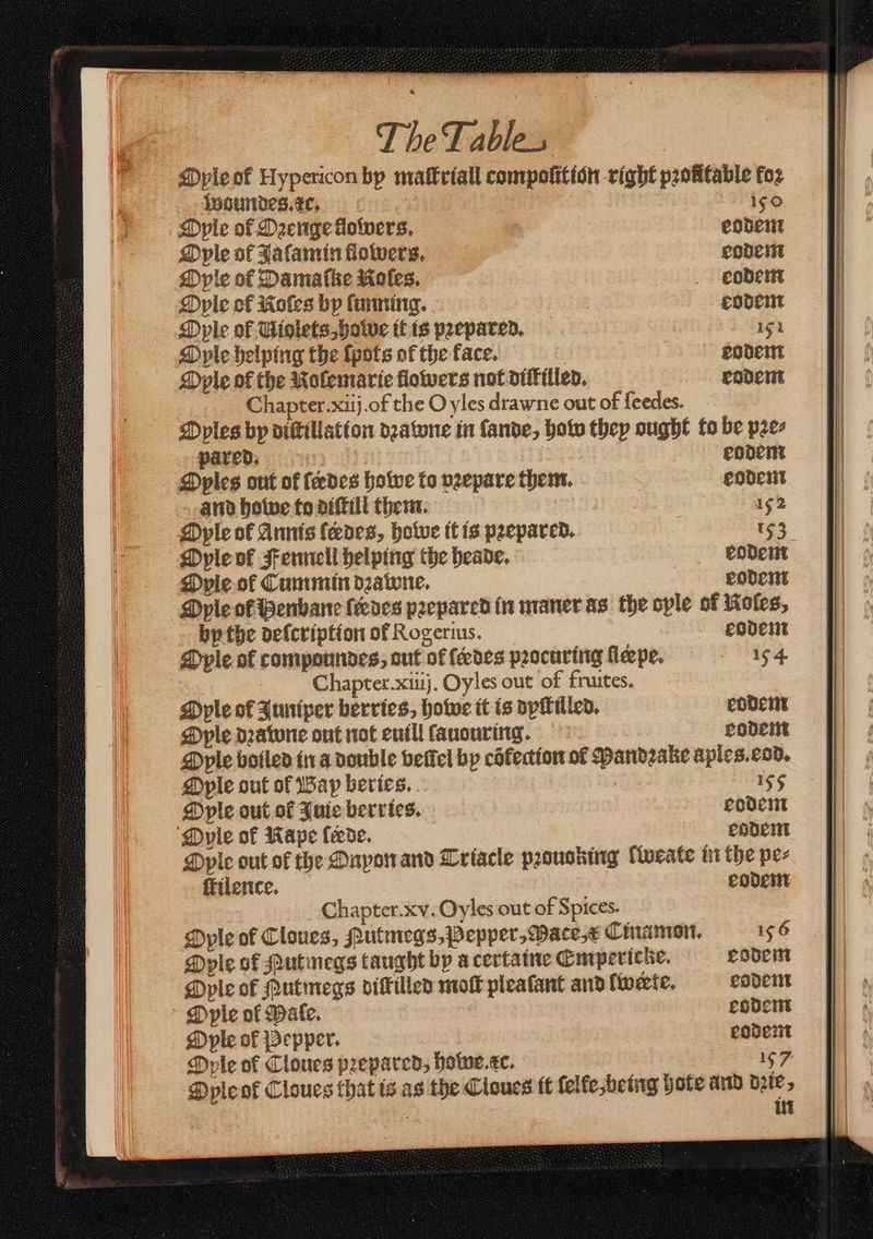 Oyle ol Hypericon by maſtriall compoſition right profitable for Woundes. xc. Oyle of Ozenge flowers. Oyle of Jaſamin flowers. Mple of Damalke Roles. Oyle of Kofes bp tunning. Oyle of Miolets, howe it is pꝛepared. Oyle helping the ſpots of the face. Dyle of the Koſemarie flowers not diffilled, Chapter. xiij. of the O yles drawne out of ſeedes. Oples by diſtillation dꝛawne in ſande, how they ought to be pꝛe⸗ pared: eodem Oples out of ſerdes howe to vꝛepare them. eodem and hobe to diſtill them. 152 Oyle of Annis {eenes, howe it is prepared. 193 Oyle of Fennell helping the heade. kodem Oyle of Cummin dꝛawne. eodem Oyle of Benbane {eedes pꝛepared in maner as the ople of Noles, by the deſcription of Rogerius. eodem Ole ol compoundes, out of feedes procuring ſlepe. 154 Chapter. xiiij. Oyles out of fruites. Oyle of Juniper berries, howe it is dpftilled. eodem Oyle dꝛawne out not euill ſauouring. eodem Oyle boiled in a double betel by cdfectton of Pandꝛake aples.eod. Oyle out of Way beries. Dple out of Jute berries. Oyle of Kape fede. Ople out of the Onyon and Triacle pꝛouoking weate in the pez ſtilence. eodem Chapter. xv. Oyles out of Spices. Oyle of Cloues, Rutmegs, Pepper, Pace, x Cinamon. 156 Ople of Nutmegs taught by a certaine Empericke. eodem Mple of utmegs diſtilled moſt pleaſant and werte. eodem Ople of Pale. eodem Ople of Pepper. eodem Oyle of Cloues pꝛepared, howe. xc. 157 Oyle ot Cloues that is as the Cloues it ſelke, being Hote and dꝛie, in