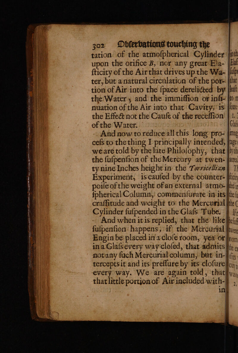 tation of the atmofpherical Cylinder: jist upon the orifice B, nor any great Ela- | fli fticity of the Air that drives up the Wa- |filp ter, but anatural circulation of the por |thit tion of Air into the {pace derelicted ' by [Halt the'Water ; and the immiffion or inft- nuation of the Air into that Cavity; 1s the Effe@ not the Caufe of the receffion of the Water. Cylinder fufpendedin the Glafs Tube. } /f; And when it is replied, that the like fhe fufpenfion’ happens; af the Mercurial five Engin be placed in'aclofe room, ‘yea OF non ina‘Glalsevery way‘clofed, that. adnaits fh: « novany fuch Mercurial column, but in-Idi.. terceptsit and its preflure by its clofurel|oy), every way. We are again told, thathhy., thatlittle portjonof Air included with-]
