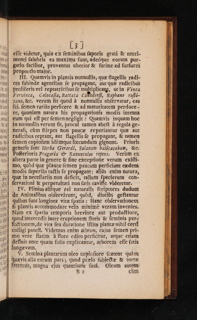 [3] eif &amp; videtur, quia ex feminibus faporis grati &amp; nntri- menti falubris ea maxima funt, adeóque eorum pur- gatio facilior, proventus uberior &amp; farimz ad furfures propo: lo major. IIT. Quamvis in plantis nonnullis, quz flagellis radi- ces fubinde agentibus fe propagant, aut quz radicibus proliferis vel reptatricibus fe multiplicant, utin Fizcz Peruinta, Colocafia, Battata CaMhdenf, Raphamo vufli- £410, &amp;c. verum fit quod à nonnullis obfervatur, eas fci. femen raris perficere &amp; ad maturitatem perduce- re, quoníam natura his propagationis modis intenta eum qui eft per femennegligit : Quamvis luquam hoc in nonnullis verum fit, procul. tamen abeft à regula ge- nerali, cm ftirpes non pauce reperiantur quz aut radicibus reptant, aut. flagellis fe propagant, &amp; tamen femen copiofum idémque foecundum gignunt. — Prioris generis funt Herba Gerardi, Solauut balicacabum, &amp;c. Poferioris Fragaria €» Ramumcnlus veptus. Verüm ex altera parte in genere &amp; fine exceptione verum exifti- mo, quód quz plautz femen paucum perficiunt ezdem. modis fupertüs tactis fe propagant: aliàs enitn natura, quz in necefíariis non deficit, talium fpecierum con- fervationi &amp; perpetuitati non fatis caviffe videretur. , IN. Pliniusalitque rei naturalis fcriptores dudum de Animalibus obfervàrunt, quód, diutiàs geftantur quibus funt longiora vitz fpatia: Hanc obfervationem 4| fi plantis accommodare velis minimé veram invenies. | Nam ex fpatio temporis breviore aut produ&amp;iore, quod intercedit inter eruptionem floris &amp; feminis pers longzvam. V, Semina plantarum oleo copiofiore fcateht quàm quzvis alia earum pars ;. quod prelo fübje&amp; &amp; tortz B2 | cüm