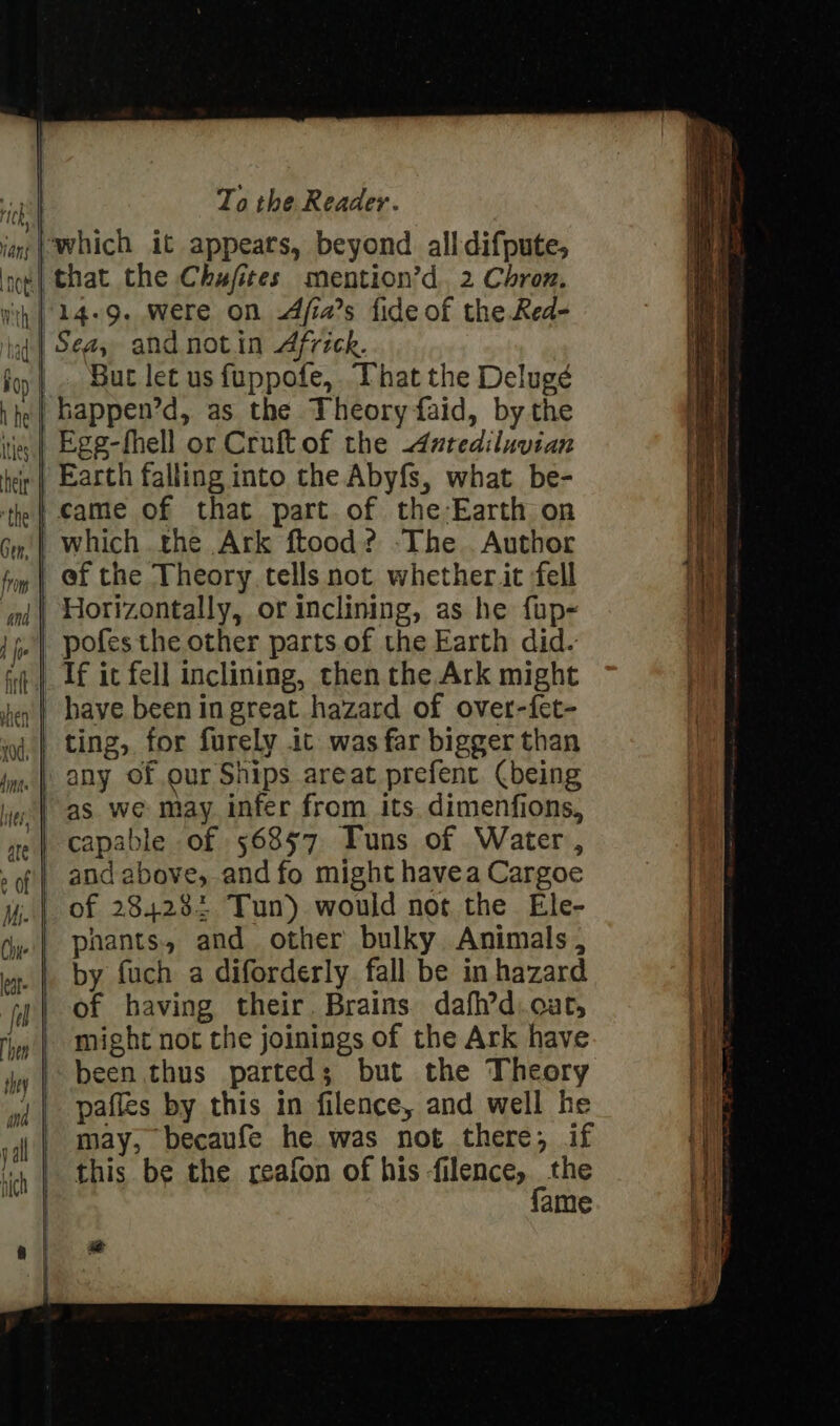 14.9. were on Afia’s fide of the Red- But let us fuppofe, That the Delugéd Egg-fhell or Cruftof the -datediluvian Earth falling into the Abyfs, what be- came of that part of the-Earth on which the Ark ftood? -The Author Horizontally, or inclining, as he fup- Tf it fell inclining, then the Ark might capable of 56857 Tuns of Water, and above, and fo might havea Cargoe by fuch a diforderly fall be in hazard of having their. Brains. dafh’d.oat, might not the joinings of the Ark have been thus parted; but the Theory pafles by this in filence, and well he may, becaufe he was not there; if this be the reafon of his filence, the fame