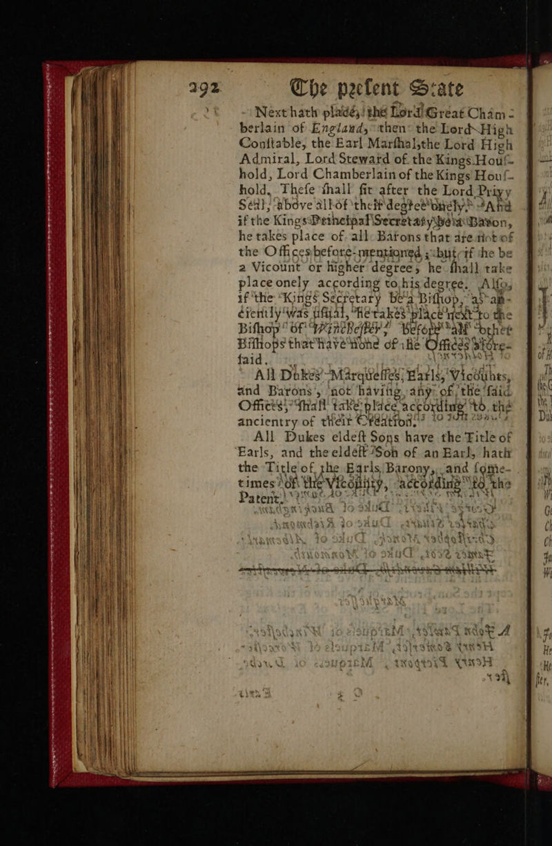 192 The peclent Sate Next hath plaidé;! the Lord Great Chim - erlain of Engiaed, then: the Lerd\High Conttable, the Earl Marfhal,the Lord High Admiral, Lord Steward of the Kings Houf- hold, Lord Chamberlain of the Kings Hou{- hold, Thefe thall fir after the Lord Priyy Seal; above allof theifdegtee‘onely> “And if the Kings Petncipal\Secretatyibe Baron, he takes place of. all: Barons that are tint of the Offices before: ngentioned ; ‘butcif the be a Vicount or higher degree, he fhall take placeonely according to.his degree. Alfo, if ‘the “Kings Secretary bea Bifhop, a$>ap- éreritly “was tifjat, He takes plac® yextto the Bifhop of! Wancbe(Pery Before all “orhet Bifhops thathavenohe ofahe t fides Sore. fads 2th aah oe All Dokes’“Marqveffes; Barls,‘Vicdiihts, and Barons’, not having any: of, the ‘faid Office's; Shall take: place according to. thd ancientry of their C¥eators? 10 7M cee All Dukes eldeft Sons have the Title of the Title of the Earls Barony,..and {gme- > S4od Sa Vin dO DHL oy ZS » THA n's times “of the Vicopiity, according: tothe Paton a Oo; Fey MH ukee