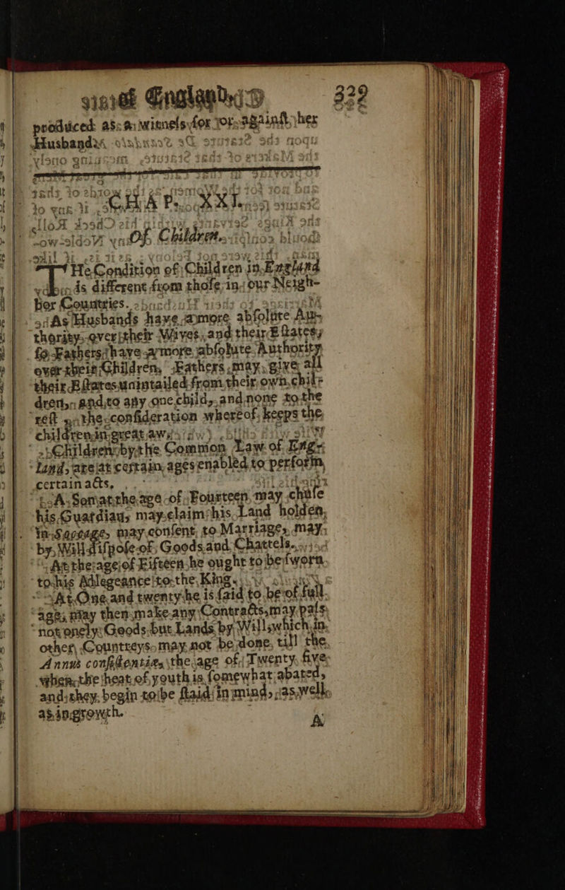 | Re =a gine EngtagdsD produced ass winnels for TOF again’ yher . Cc Se cae ti SoM AA Bao Ta > He Condition of) Children in Exgland dbbrnds different fzom thofe-in our Neigh- ber Countries. PtP bia ; ¥ siAs Husbands haye camore abfolure Aue thority.oves ithe Whives,,.and their E fates; fo. Fashersshave amore abfolute Authority oversbeit Ghildren, Fathers may, give ai their Biatesunintailed from their, owh,chil- dren, and,to any onechild,.andnone to the af childrendiereat awe ic. land, abejat cesta ages enabled to perform, certain ads, | att his Guatdiaus may-elaimshis Land holdes, Ya.Sacrege, may.confent, to Marriages, may, by, Wil difpofe-of Goods.and,Chattels., At therageiof Eifeeen he ought toibe fworn tohis Adlegeance|to-the, King. age; nay thenymakeany, Contragts,may pais other, Countreysomay not be done till the Annus confdentias\the.age of; Twenty five whier,the theat of youth is fomewhat abated, asingrowth. 7