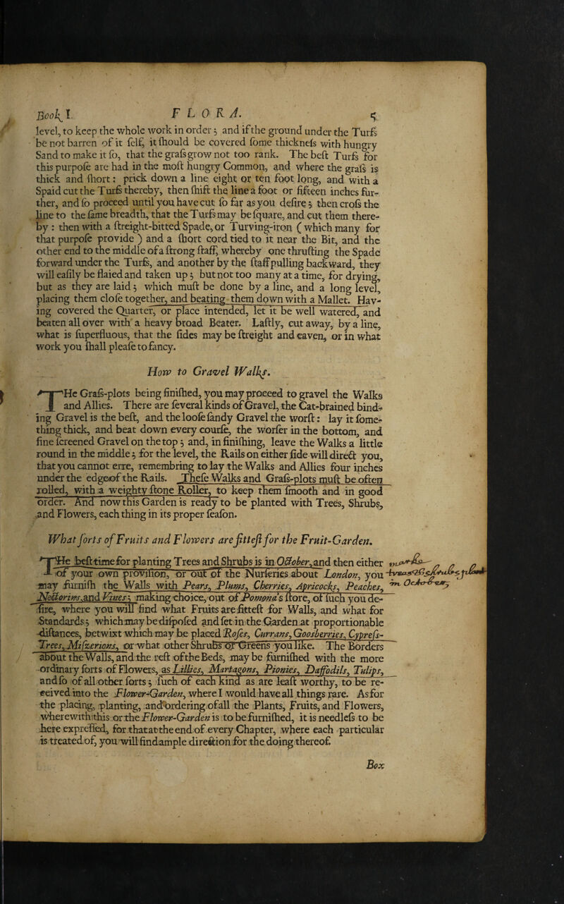 Booh^l. F L 0 K A, ' level, to keep the whole work in order 5 and if the ground under the Turfs ' be not barren of it felf, itfhould be covered fome thicknefs with hungry Sand to make it fo, that the grafsgrow not too rank. The beft Turfs for this purpofe are had in the moft hungry Common, end where the grafs is thick and (liort: prick down a line eight, or ten foot long, and with a Spaid cut the TurB thereby^ then fhift the line a foot or fifteen inches fur¬ ther, andfo proceed until you have cut fofar as you defire^ then crpfs the line to the lame breadth, that the Turfs may be fquare, and cut them there¬ by : then with a ftreight-bitted Spade, or Turving-iron (which many for tliat purpofe provide ) and a fbort cord tied xo It near the Bit, and the other end to the middle of a ftrong ftaff, whereby one thrufting the Spade forward under the TurB, and another by the ftaff pulling backward, they will eafily be flaiedand taken up 5 but not too many at a time, for drying, but as they are laid 5 which muft be done by a line, and a long level, placing them dole together, and beating them do wn with a Mallet. Hav- ing covered the garter, or place intended, let it be well watered, and bcjiten all over with a heavy broad Beater. Laftly, cut away, by a line, what is fiiperfluous, that the fidcs may be ftreight and eaven, or in what work you fhall pleafe to fancy. How to Gra<vel THc Grafs-plots being finifhed, you may proceed to gravel the Walks and Allies. There are feveral kinds of Gravel, the Cat-brained bini ing Gravel is the beft, and the loofelandy Gravel the worft: lay it fome- thing thick, and beat down every courfe, the worfer in the bottom, and fine icreened Gravel on the top 5 and, in finifhing, leave the Walks a little round in the middle 5 for the level, the Rails on either fide-wilidiredi: you, that you cannot eire, remembring to lay the Walks and Allies four inches under the edgeof the Rails. Theie Walks and GraB-plots muft be often rolled, with a weighty ftone Roller, to kecp~thcm finooth and in good order. And now this Garden is ready to be planted with Trees, Shrubs, and Flowers, each thing in its proper feafon. What forts of Fruits and Flowers arejittejifor the Fruit-Garden. ^T^fe_;beft time for planting Trees and. Shrubs is in OMer^znd then cither ^ yoiu^ own provnion, or out of the Nurferics abour London^ you aiay iurnifh the Walls with Fears^ Flnm^ Cherries^ Apricocks^ Peaches^ ^ NeUorim^^nd. J4ms\ making’choicevout oiPom&nd^ itore.. ot luch you de- rfire, where you will find what Fruits are iitteft for Walls, and what for Standards , which may bedifi>ofed andfet iu the Qardenat proportionable -dances, betwixt which may he placed Currans^ Goosberries. Cyprefs- ‘Trees^MifzeriojTj^ or wfaat other Shrubs or Greens youiike^ The Borders about the Walls, and the reft of the Beds, maybe furnifhed with the more -ordinary forts of Flowers, as Martaj^ons^ Pionies^ Daffodils. Tulips^ andfo of all other forts, fuch of each kind as are leaft worthy, to be re- «eived into the Flower-Garden^ where I would have all things 3^e. As for the placing, planting, :and%xdering ofall the Plants, fruit's, and Flowers, i^erewithtthis.orthe Flower-Garden is to be furnifhed, it is needlcfs to be here exprefted, for thatatthe end of every Chapter, where each particular is treated of, you will findample dire&ionibr the doing thereof